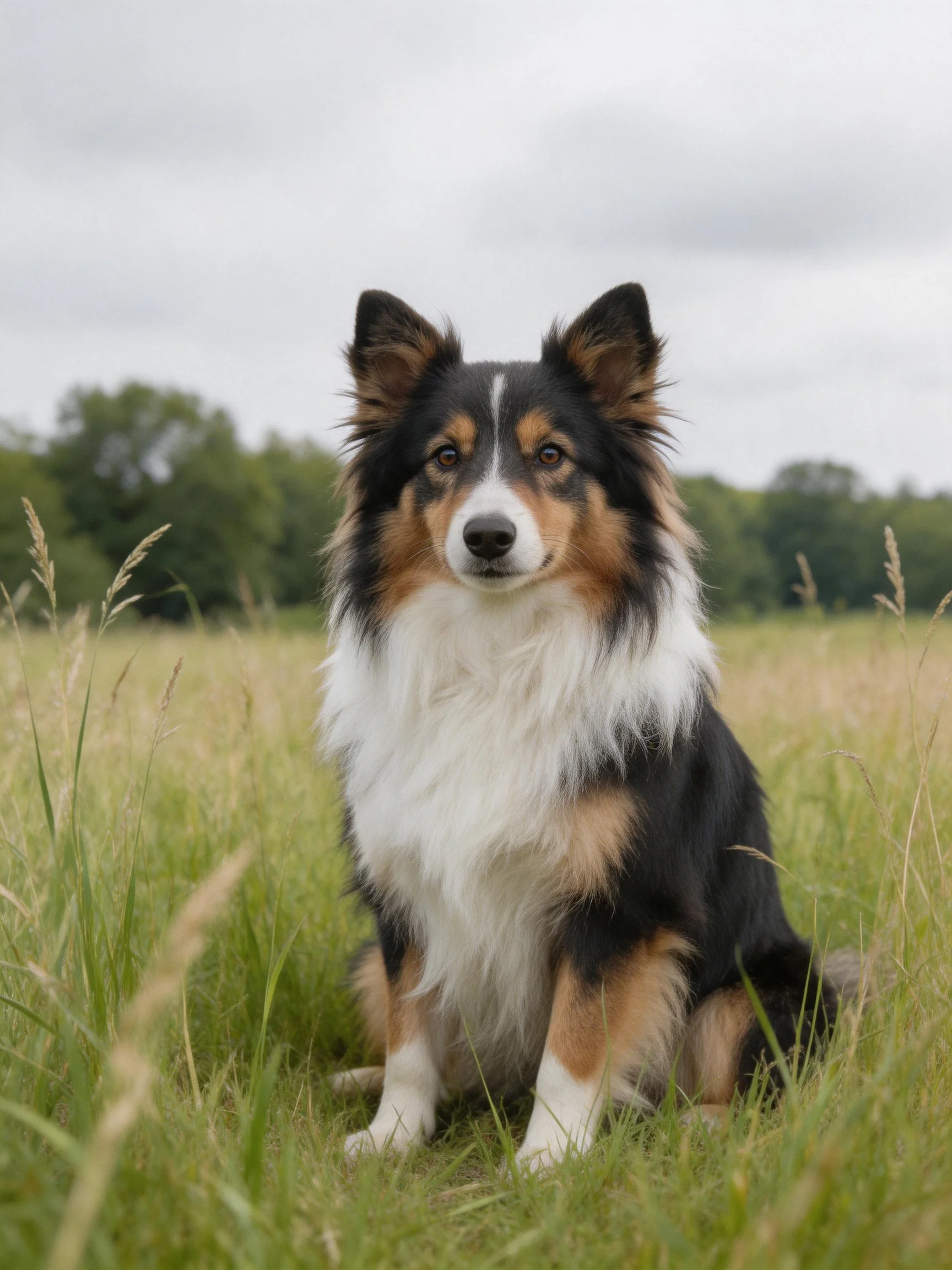 A tricolor collie with long fur sits in a grassy field