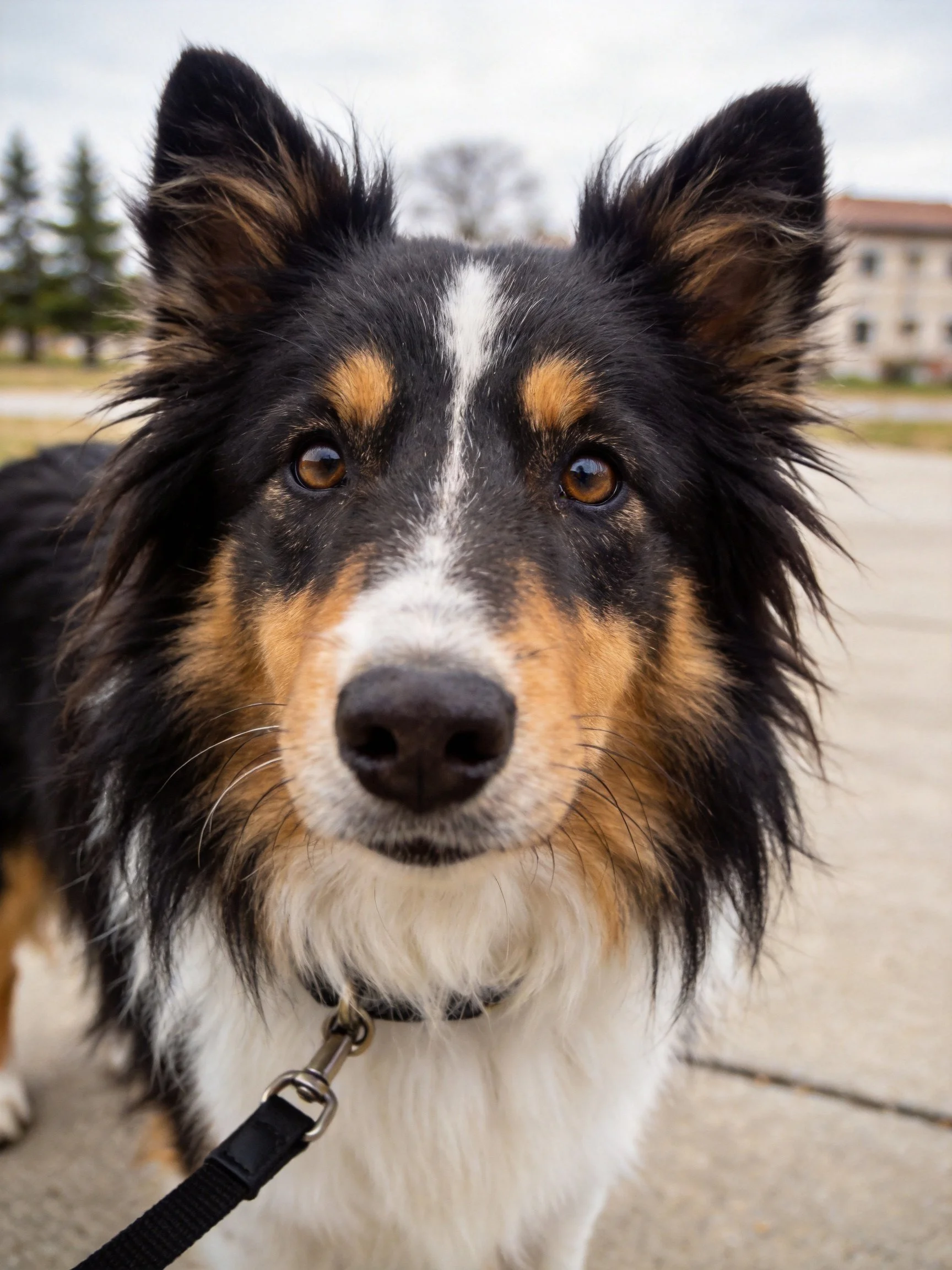 A tricolor collie with shaggy fur and pointed ears stands outdoors.