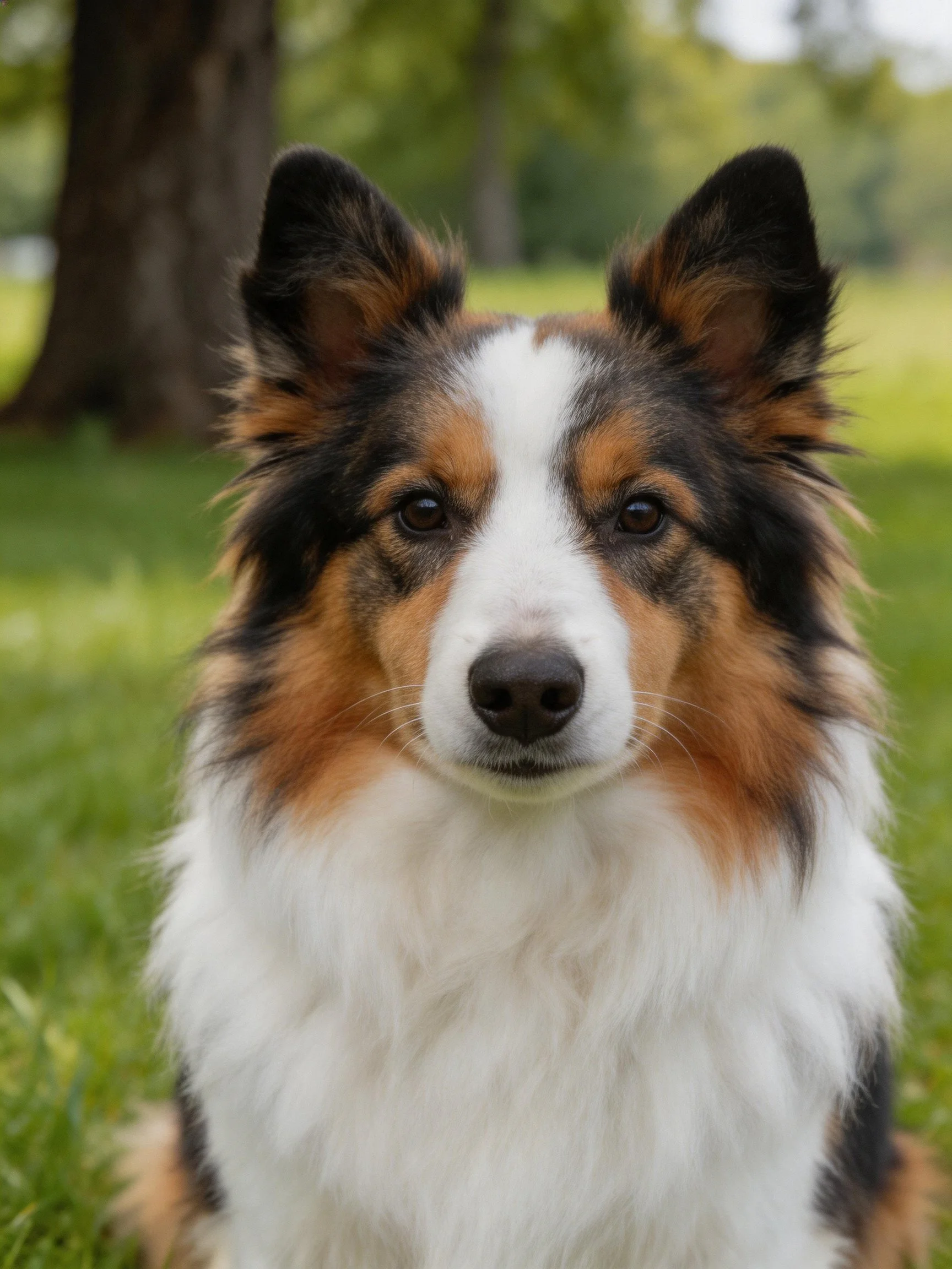 A tricolor collie sits calmly on grass with trees in the background.
