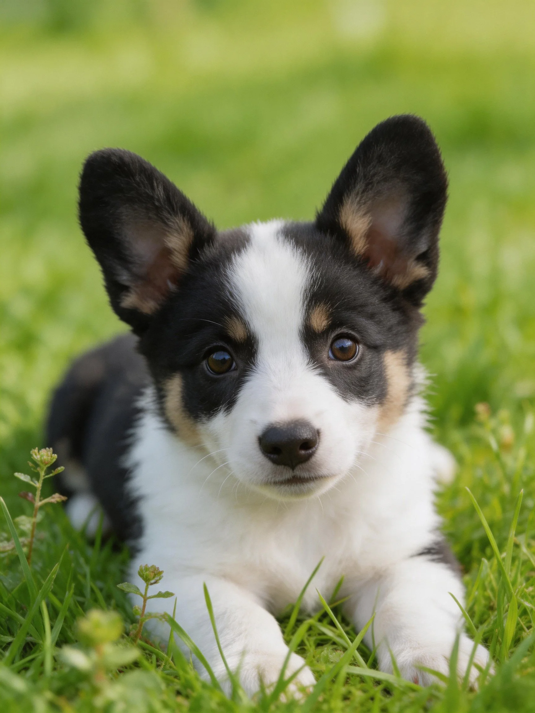 A tricolor corgi puppy rests on vibrant green grass