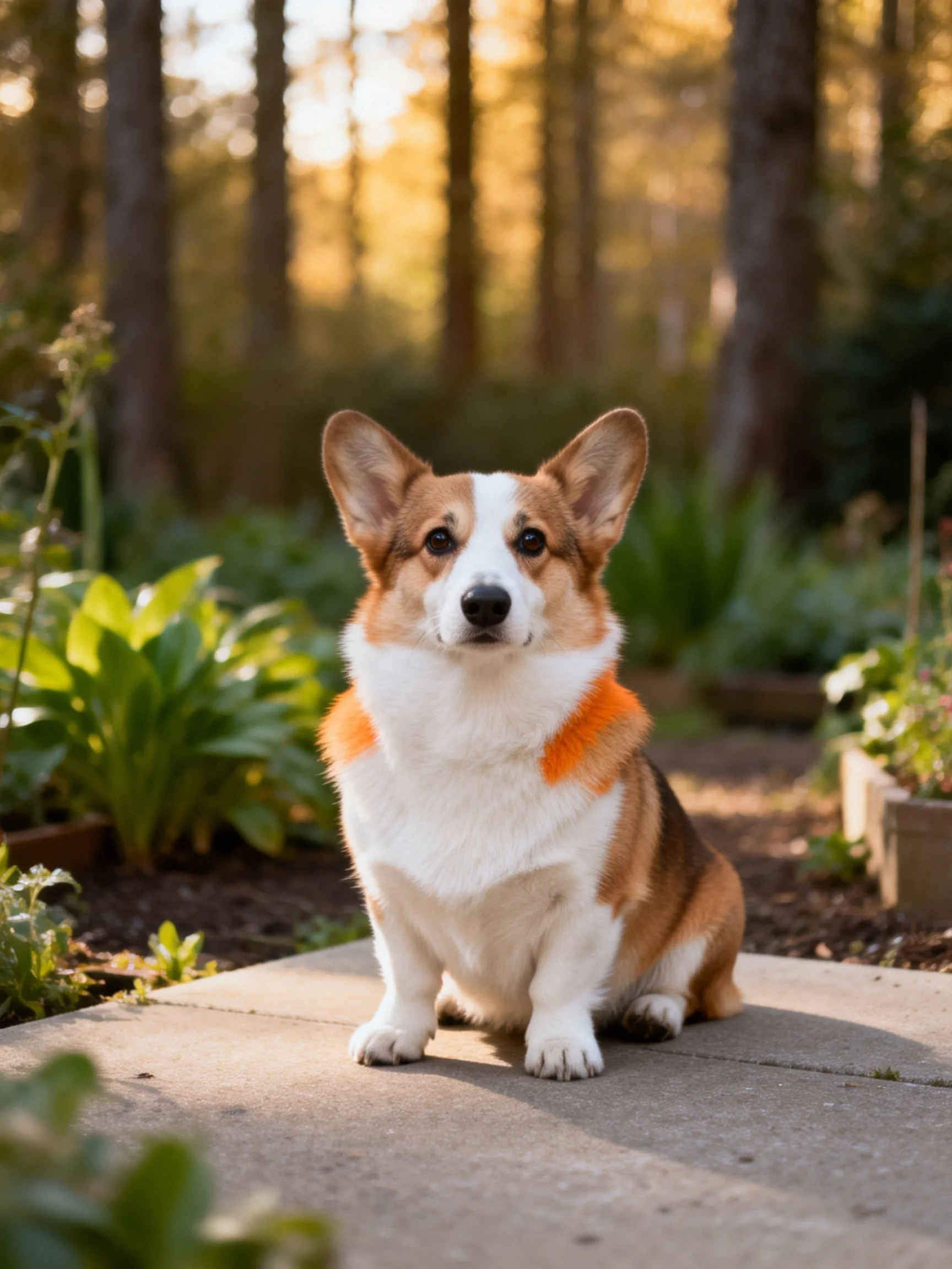 A tricolor corgi sits calmly on a stone path in a sunlit garden