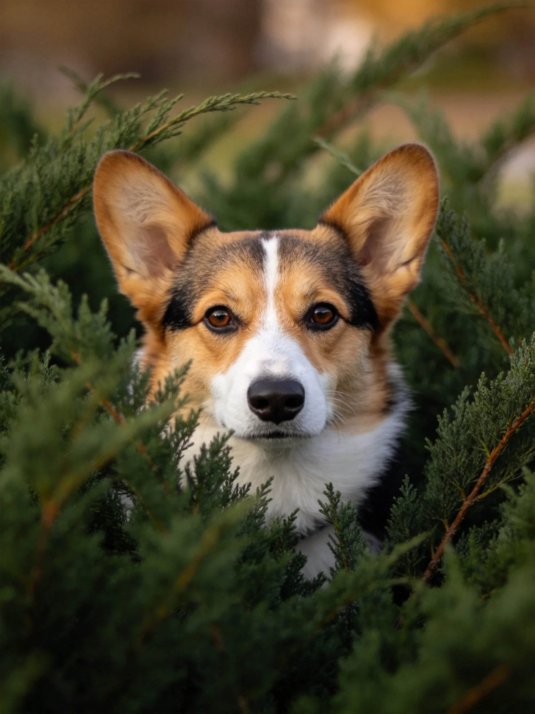 A tricolor corgi with large ears hides among dense green foliage