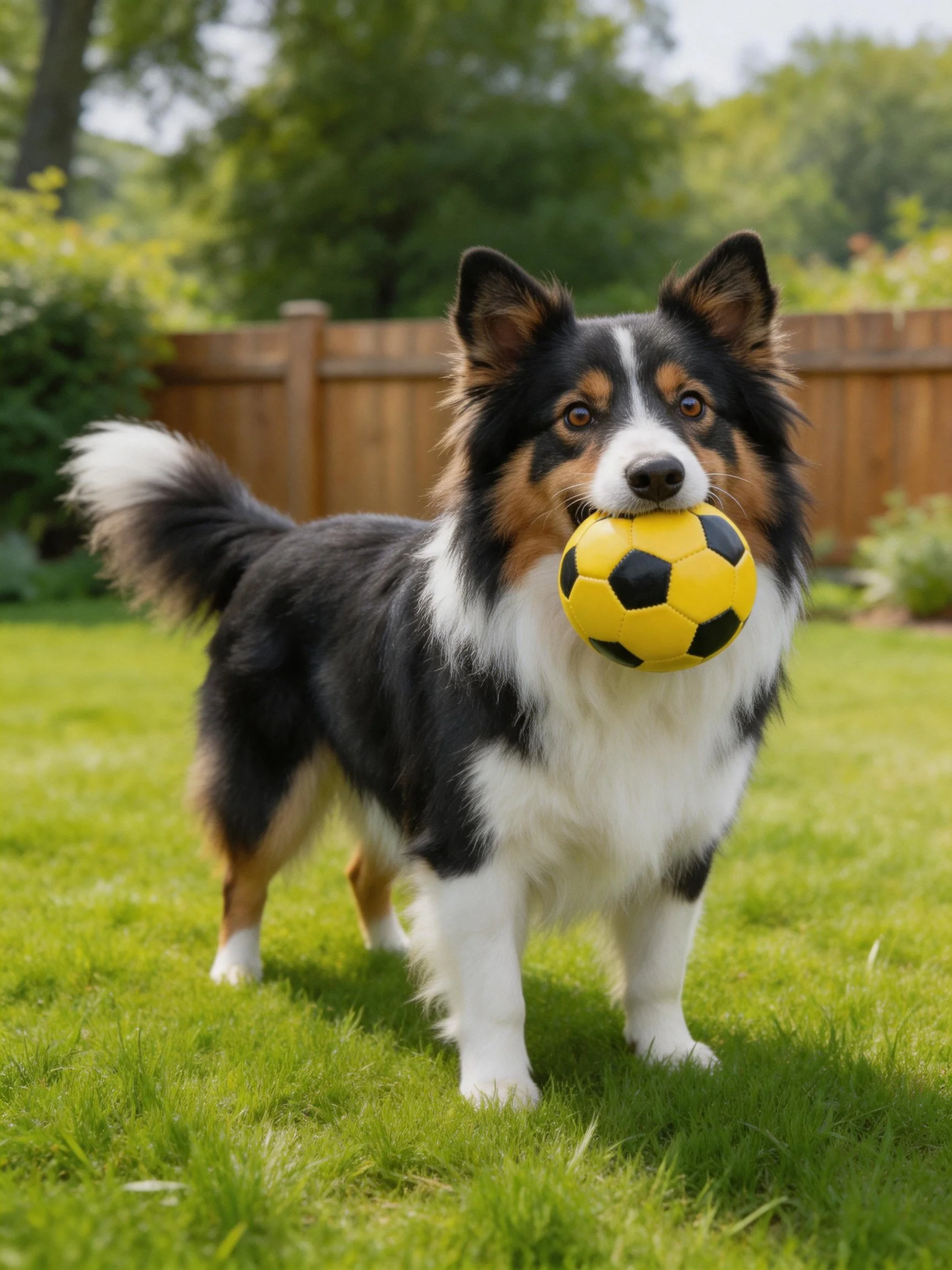 A tricolor dog carrying a yellow and black soccer ball in a yard
