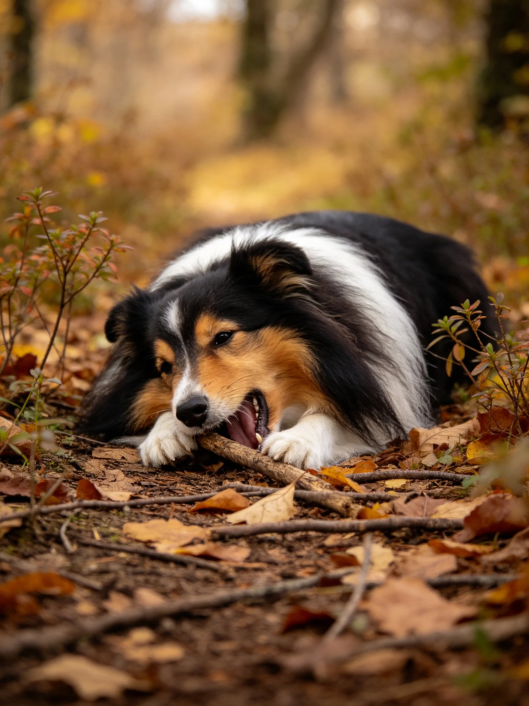 A tricolor dog chews a stick in autumn foliage