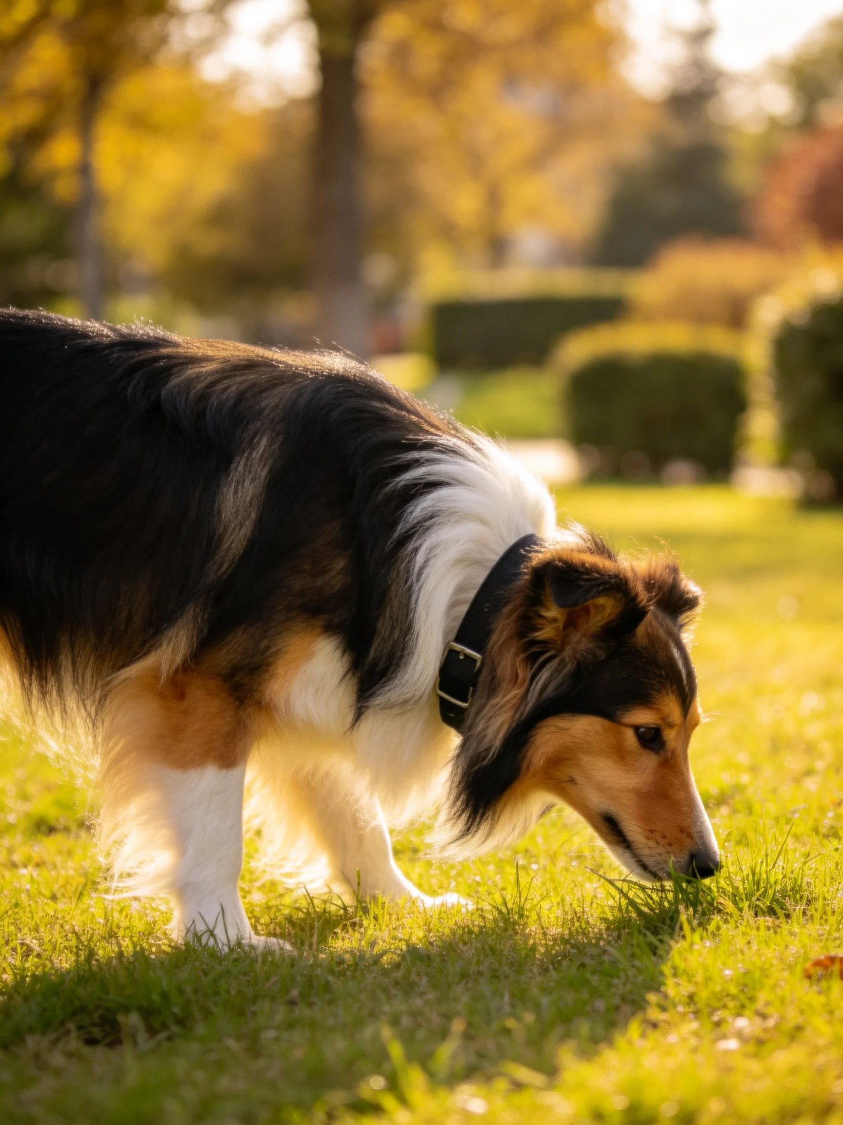 A tricolor dog explores grassy park with golden sunlight