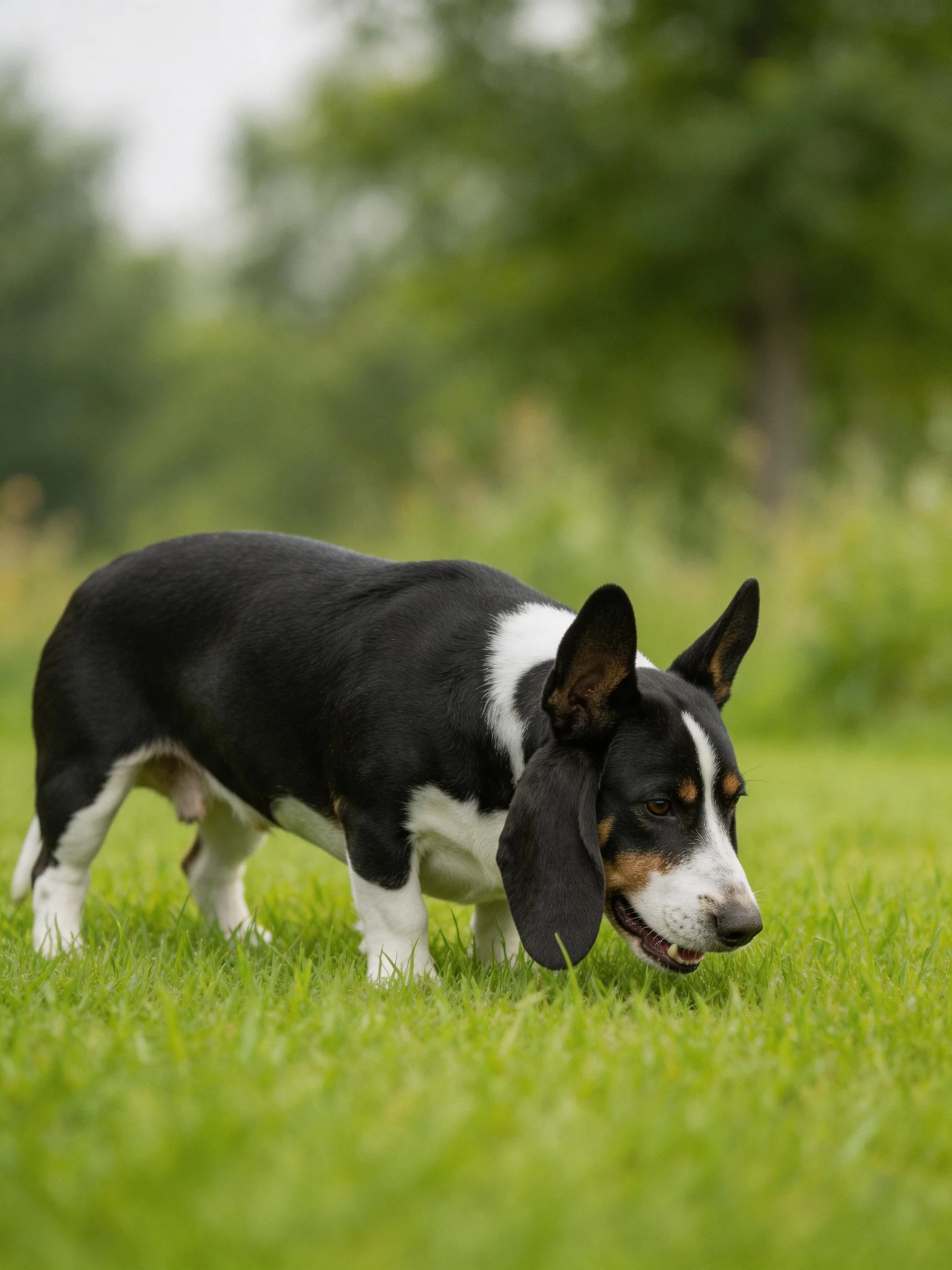 A tricolor dog sniffs the grass in a verdant outdoor setting.