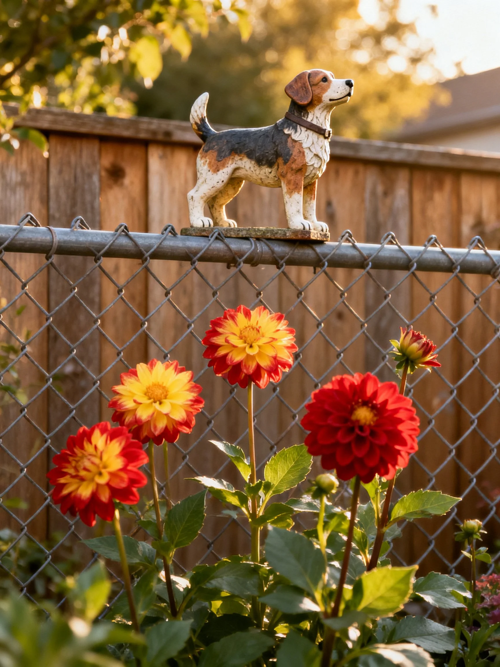 A tricolor dog figurine atop a chain-link fence near vibrant red-yellow dahlias