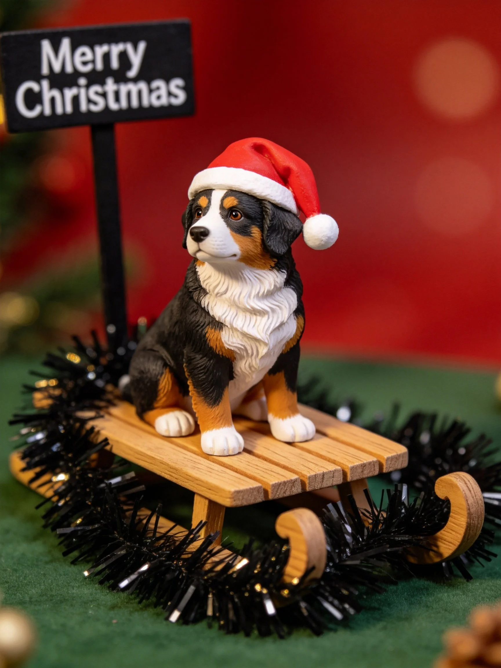 A tricolor dog figurine wearing a Santa hat sits on a wooden sled with black tinsel