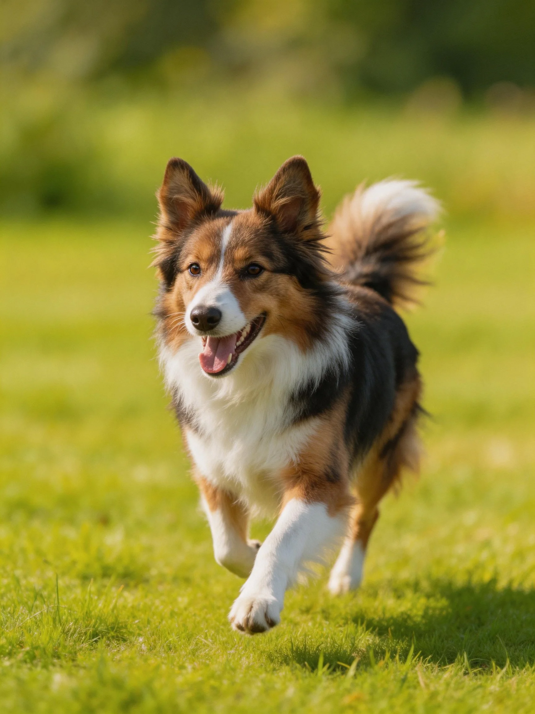 A tricolor dog joyfully runs across a sunlit green field