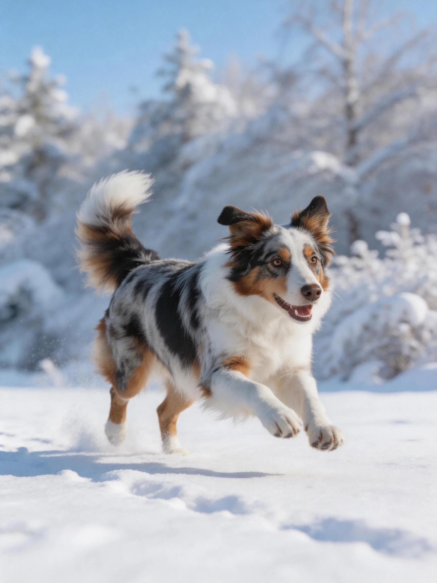 A tricolor dog joyfully runs through snowy