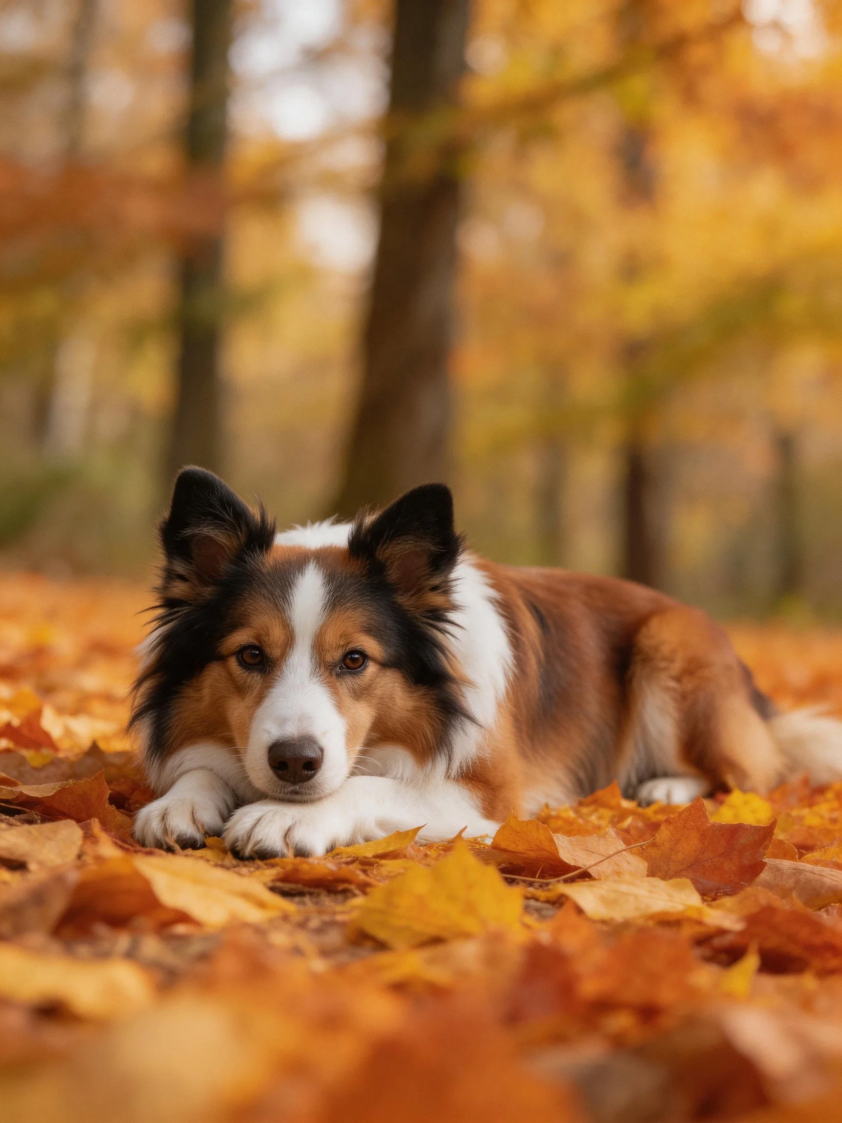 A tricolor dog lies among golden autumn leaves