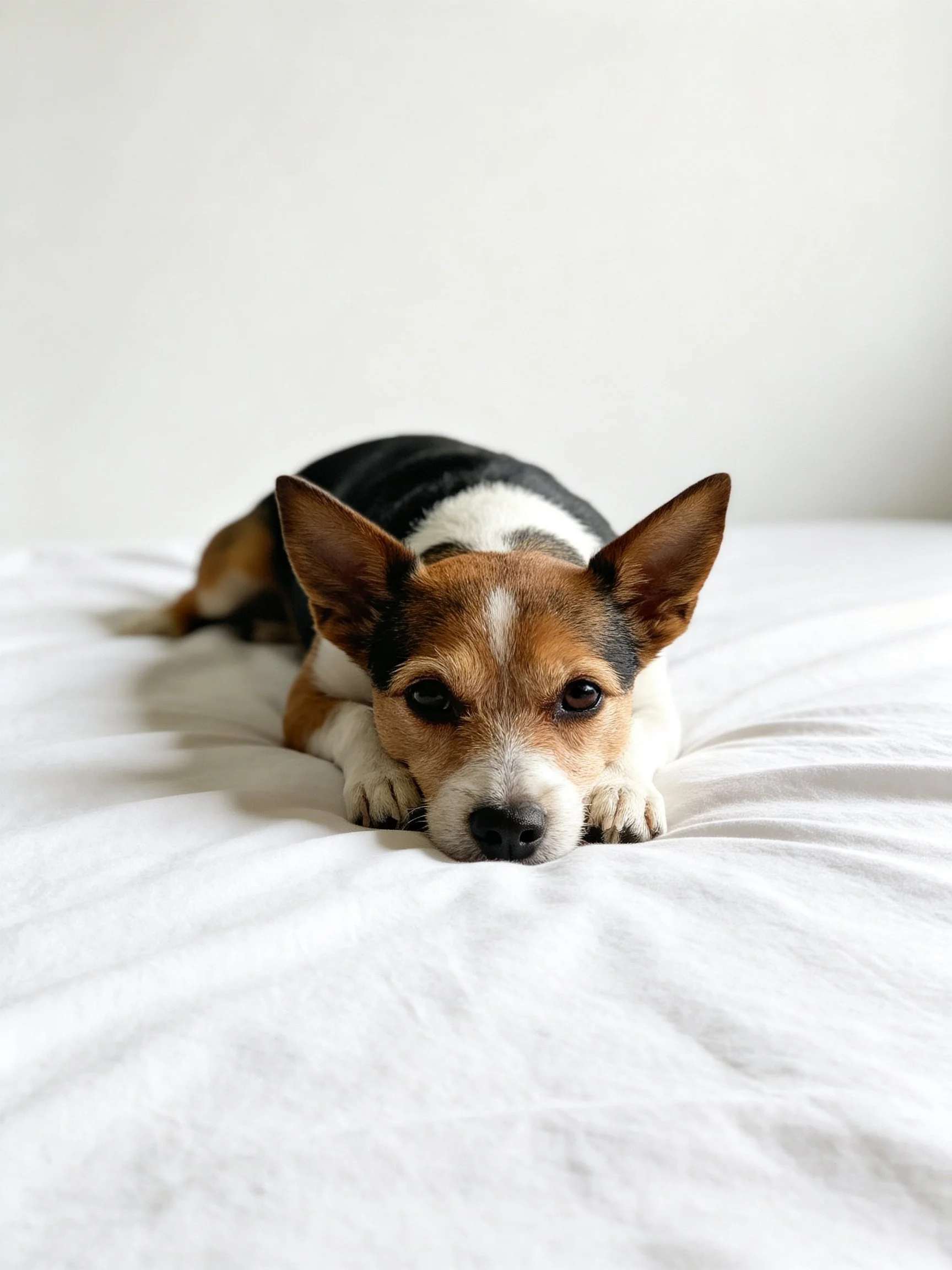 A tricolor dog rests peacefully on a white bed.