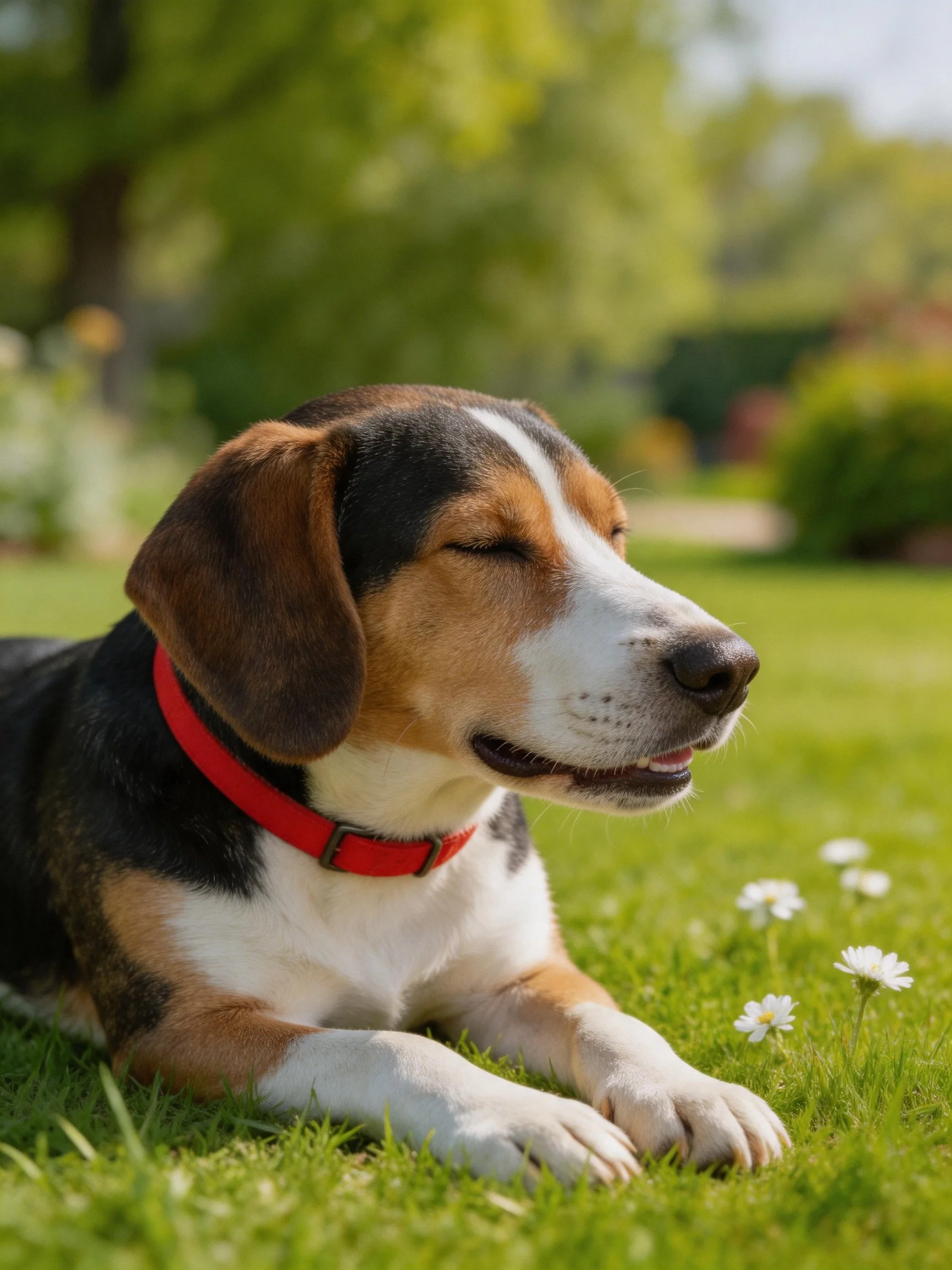 A tricolor dog rests on grass beside small white flowers.