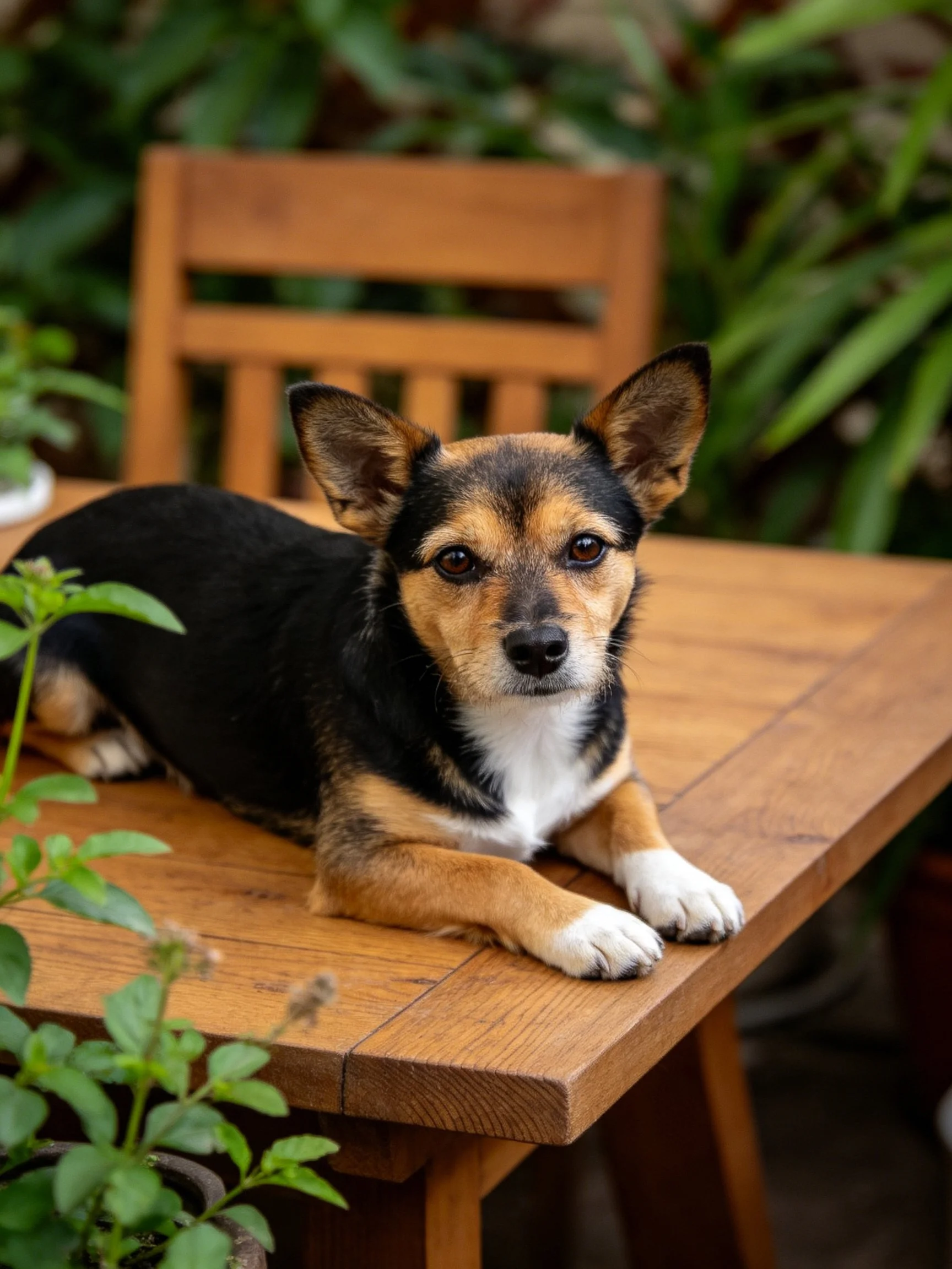 A tricolor dog relaxes on a wooden table surrounded by green plants.