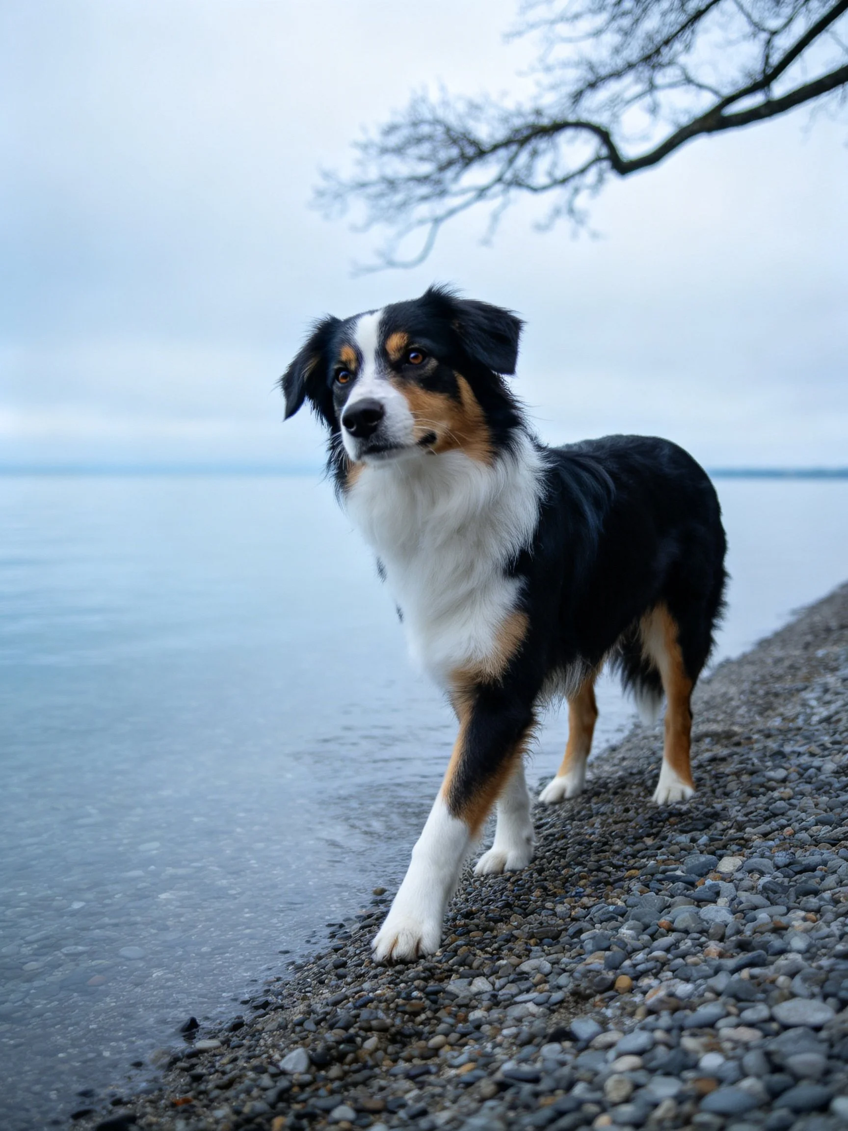 A tricolor dog on a pebbly shore by calm water