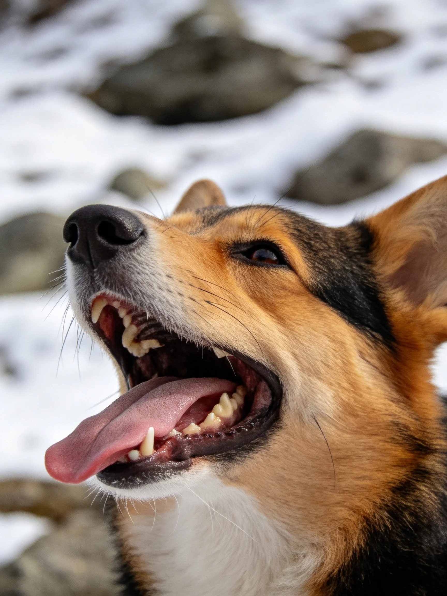 A tricolor dog pants joyfully amid snow and rocks