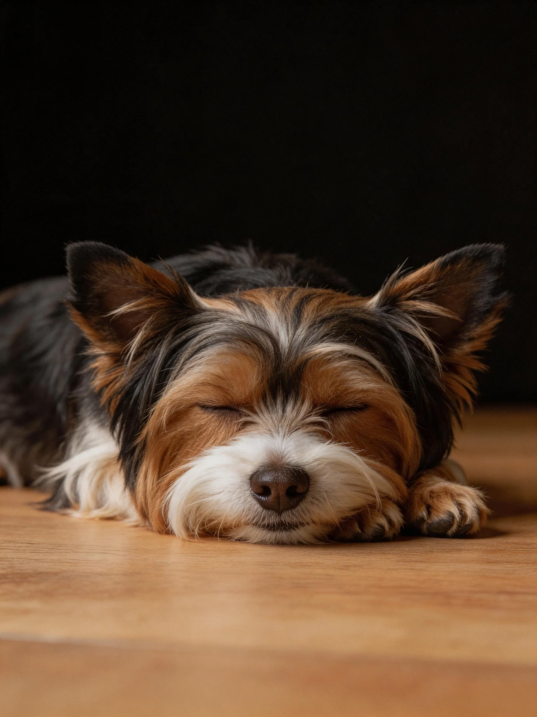 A tricolor dog peacefully sleeps on a polished wooden floor
