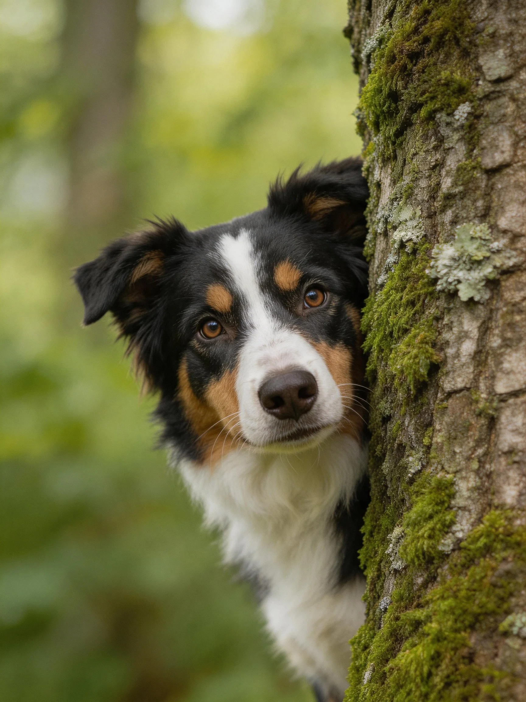 A tricolor dog peeks from behind a moss-covered tree trunk