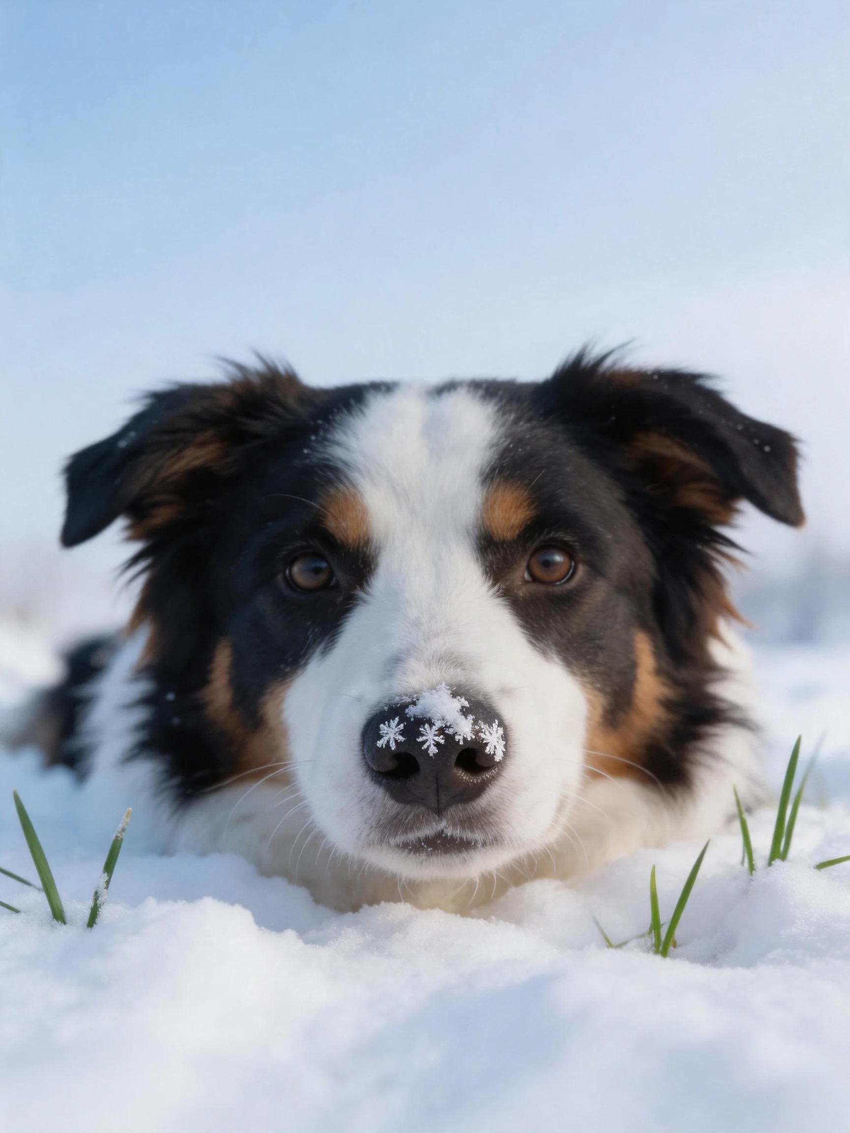 A tricolor dog lies in snow with snowflakes on its nose.