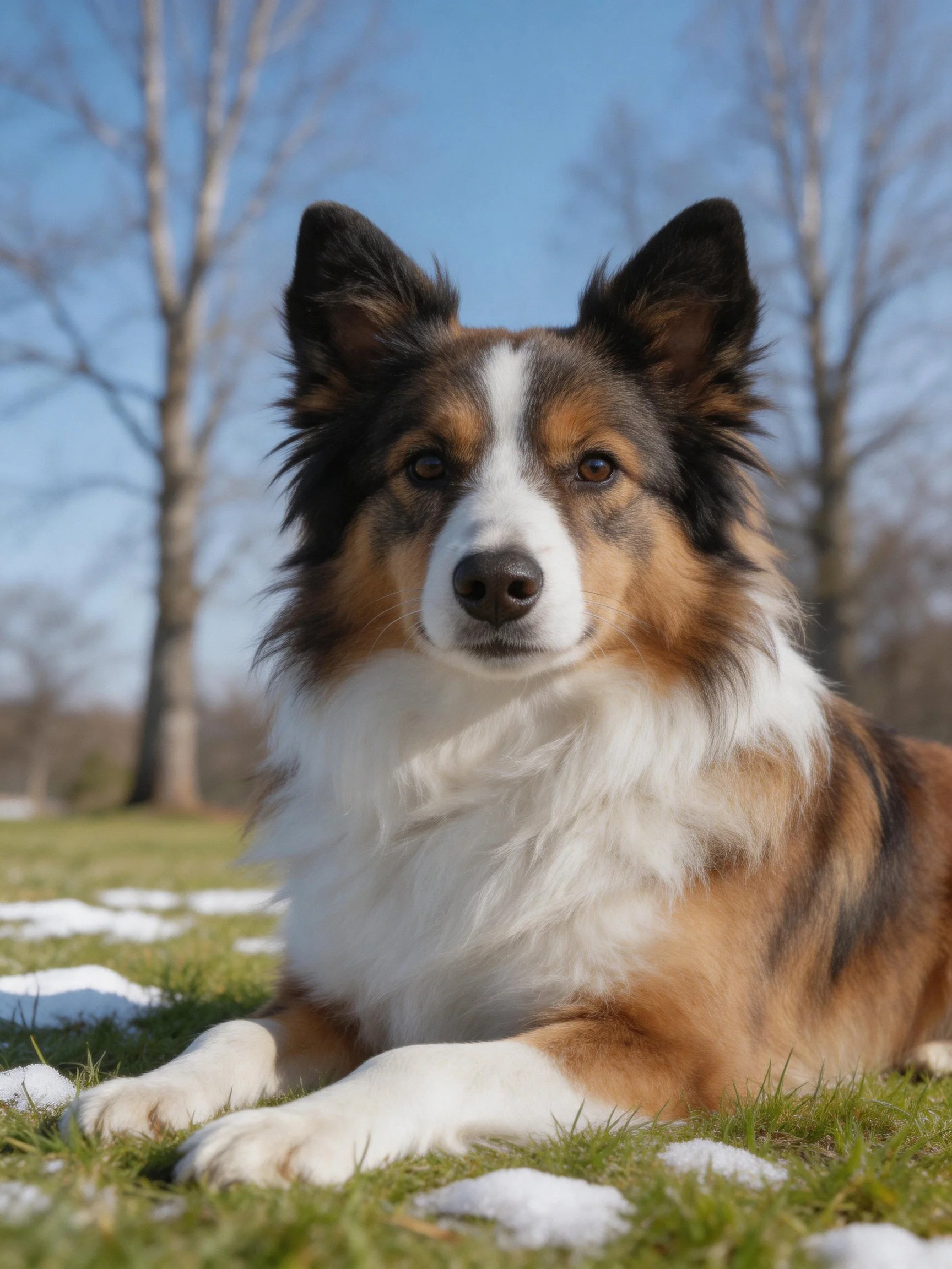 A tricolor dog relaxes on grass with snow patches beside leafless trees
