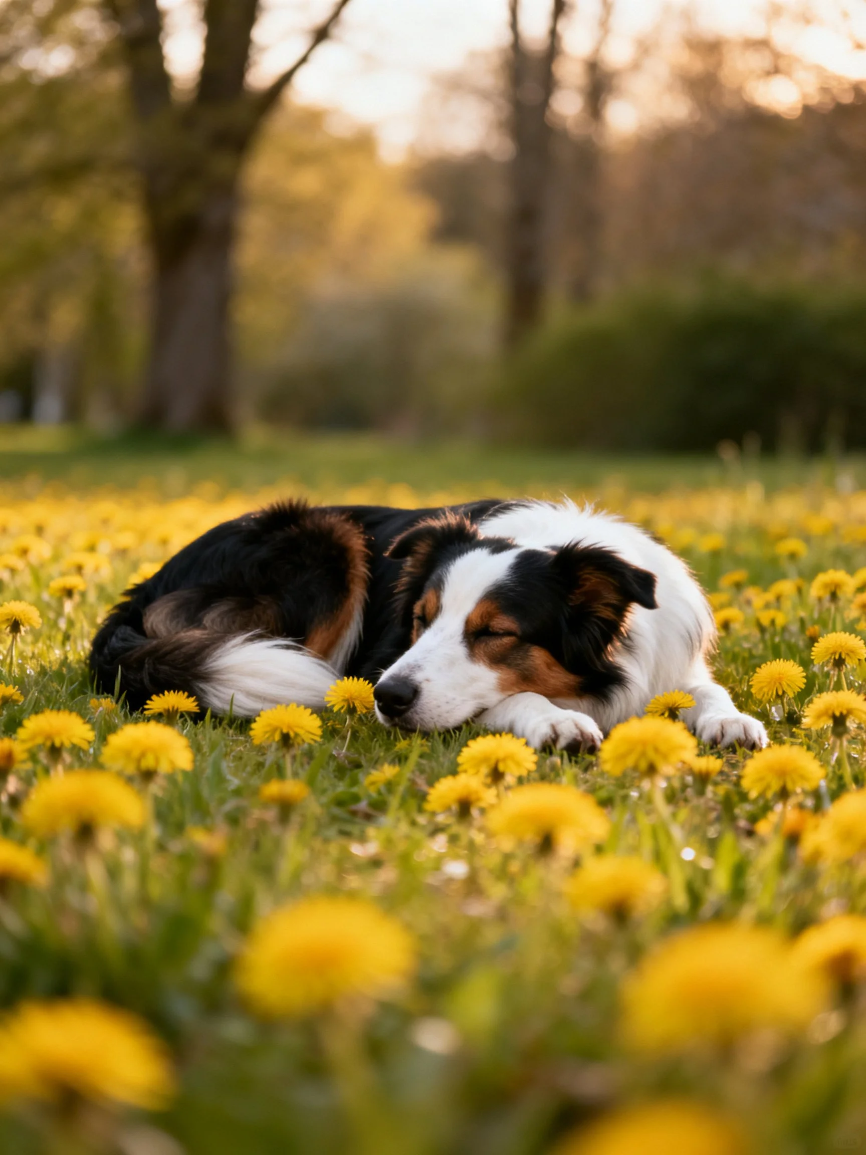 A tricolor dog sleeps peacefully in a field of yellow dandelions.