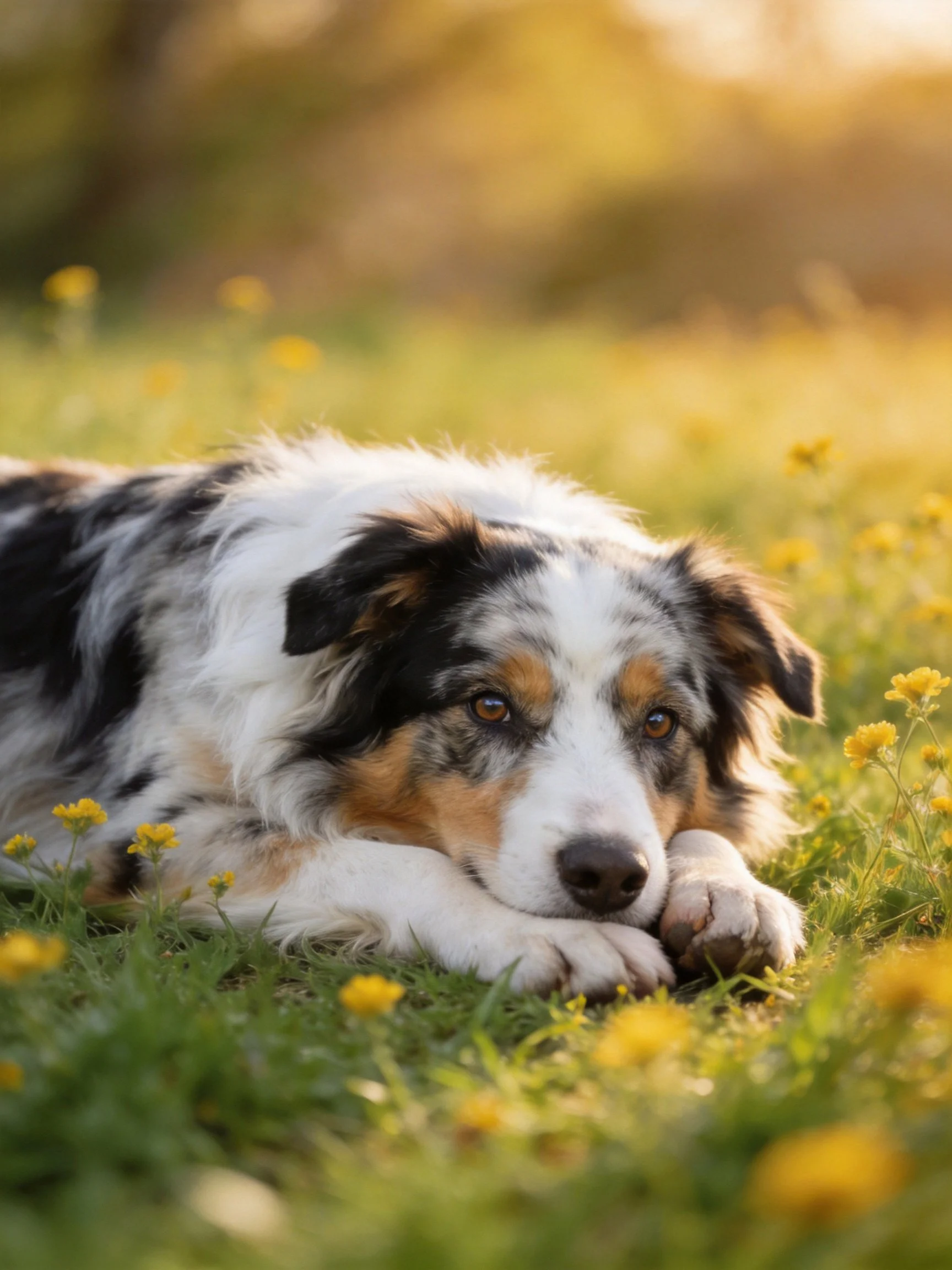 A tricolor dog lies among yellow flowers in a sunlit meadow setting.