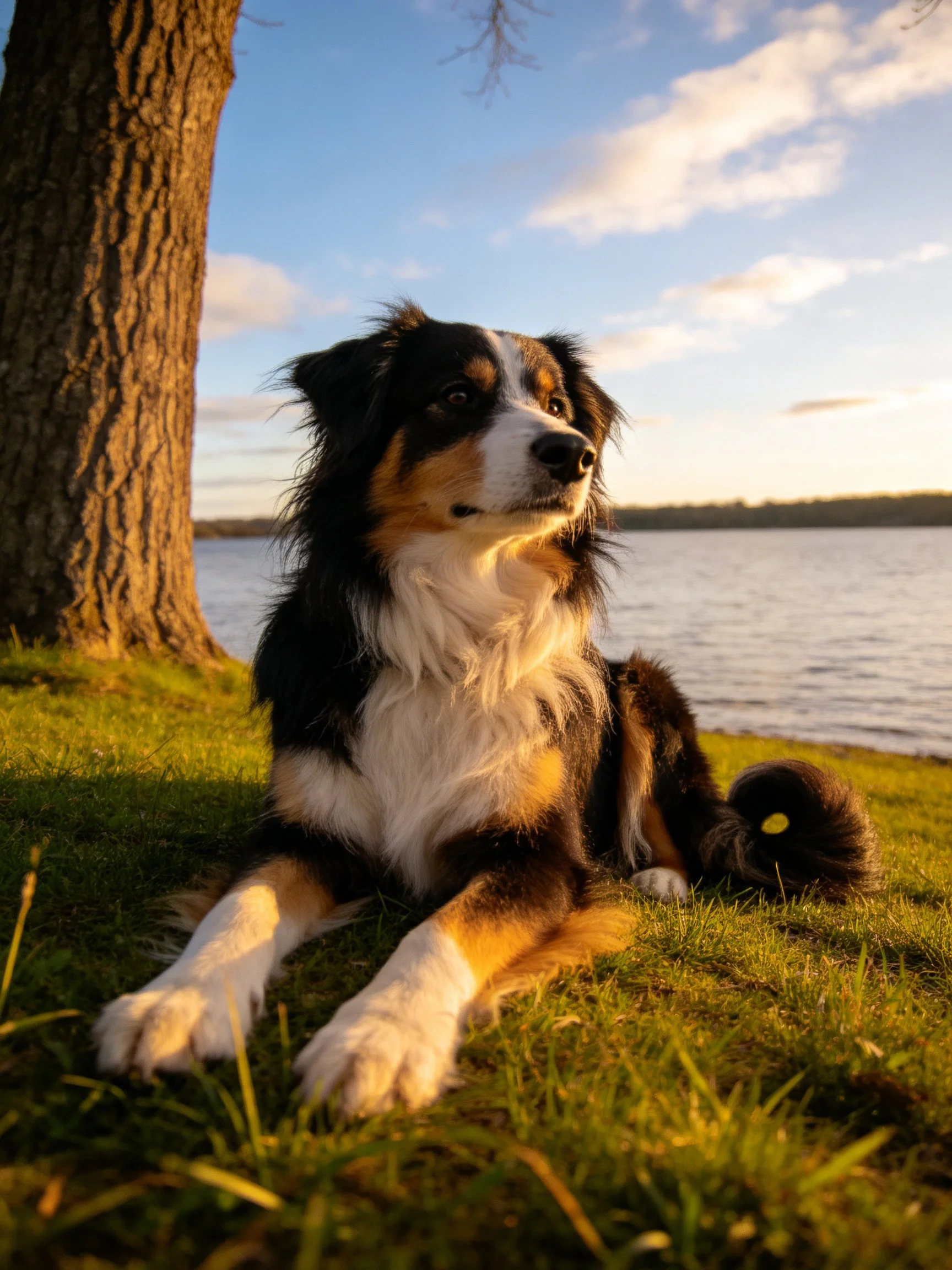 A tricolor dog relaxes by a tree and water.