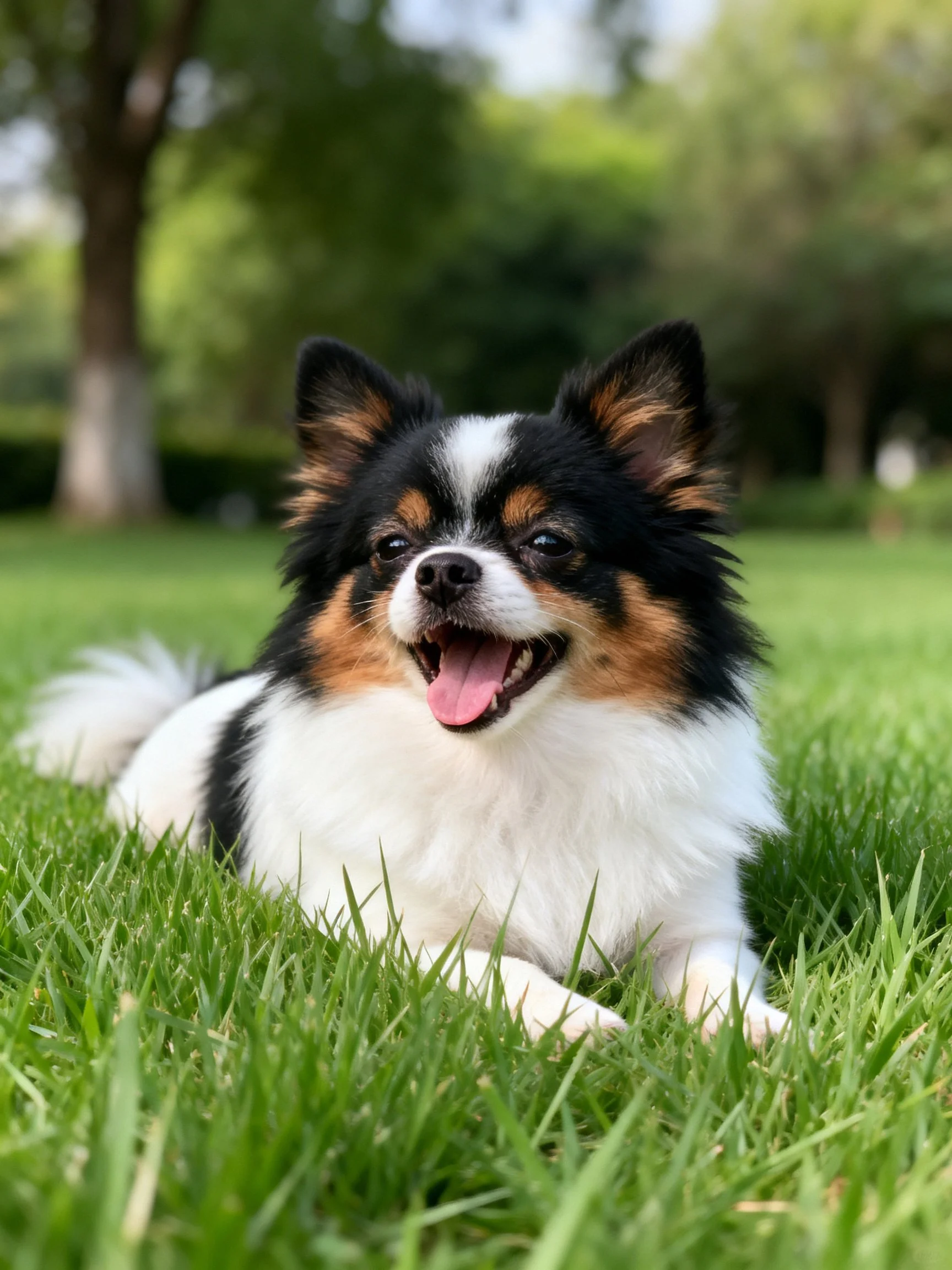 A joyful tricolor dog relaxes on a grassy outdoor lawn.