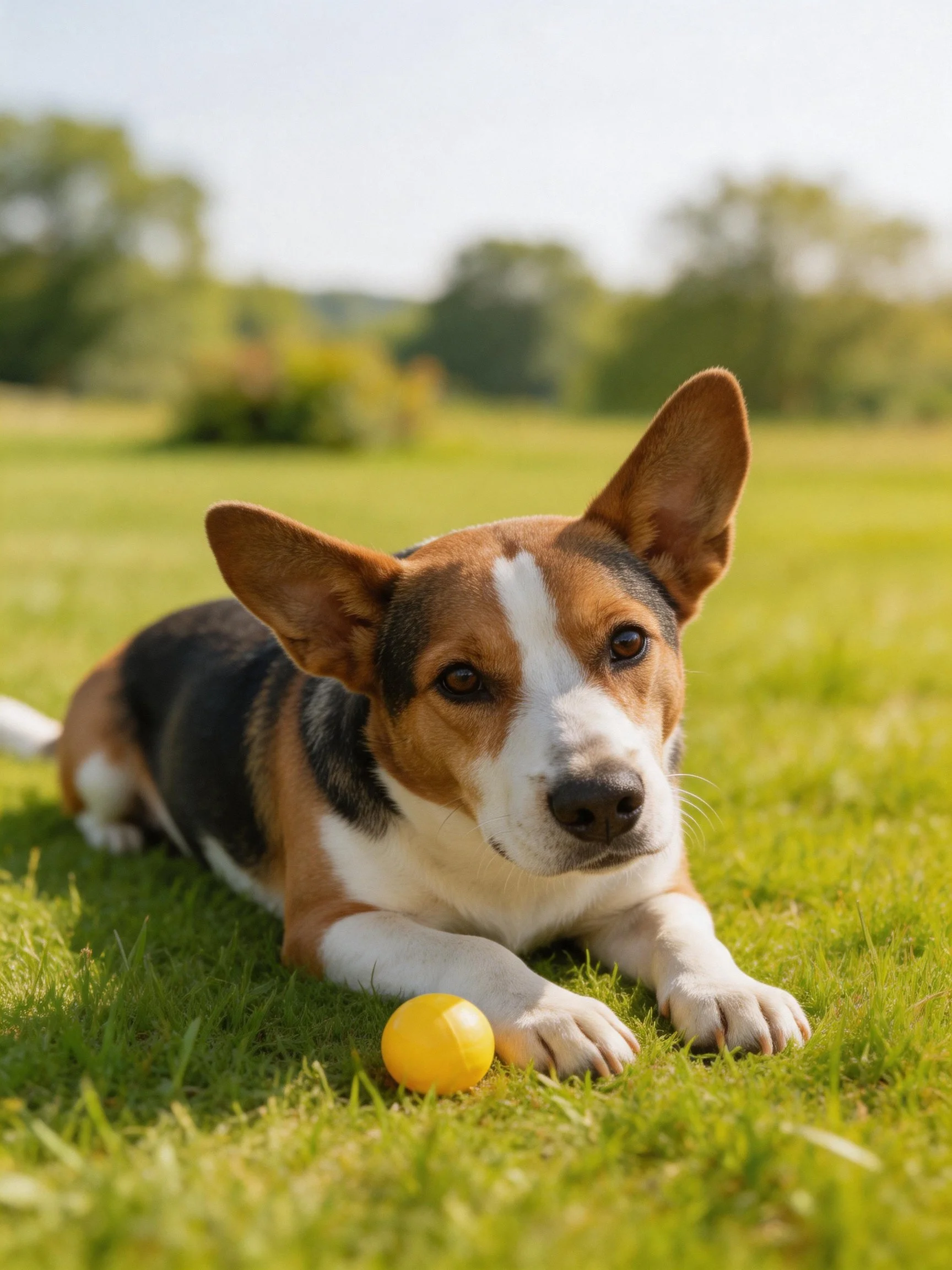 A tricolor dog lies beside a small yellow ball on vibrant grass in an open area.