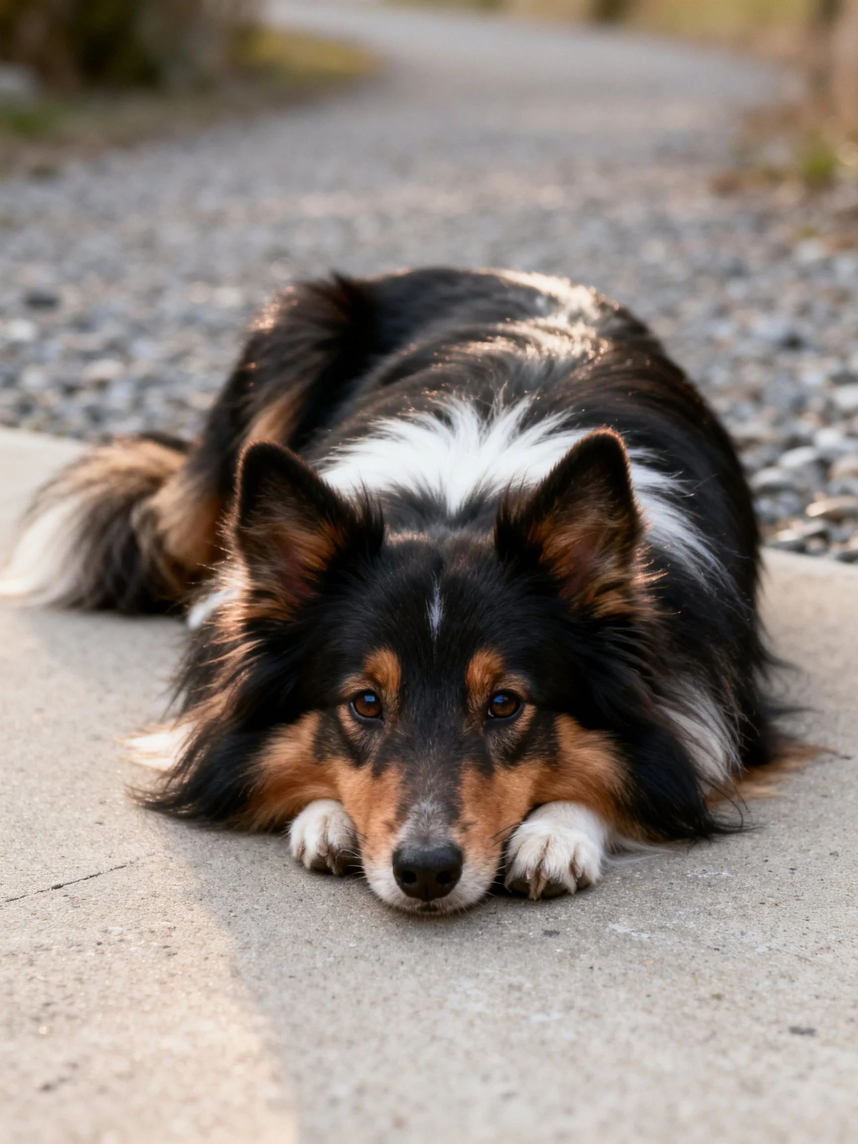 A tricolor dog rests calmly on a concrete path near gravel