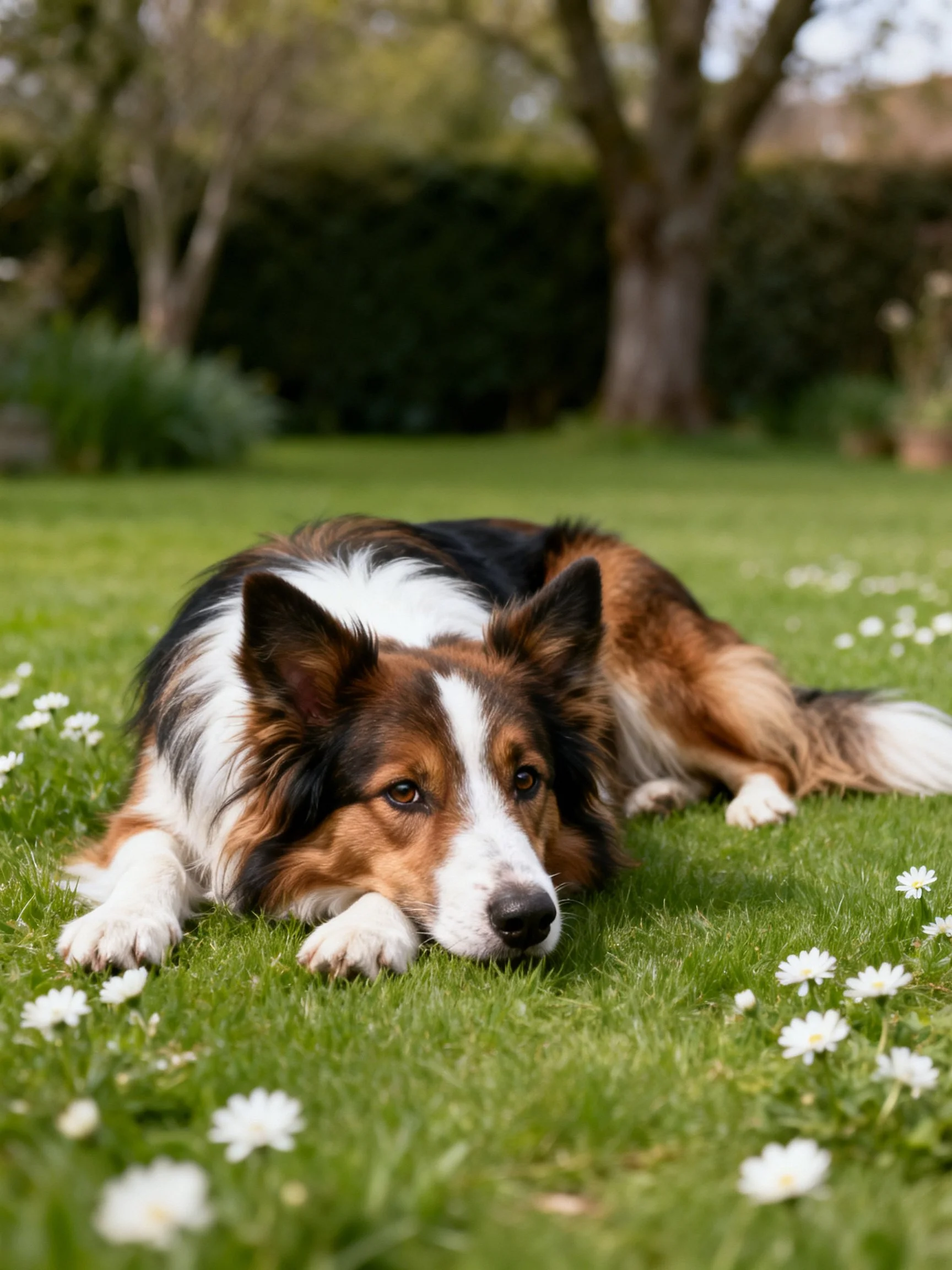 A tricolor dog relaxes on a grassy field with white flowers and trees nearby