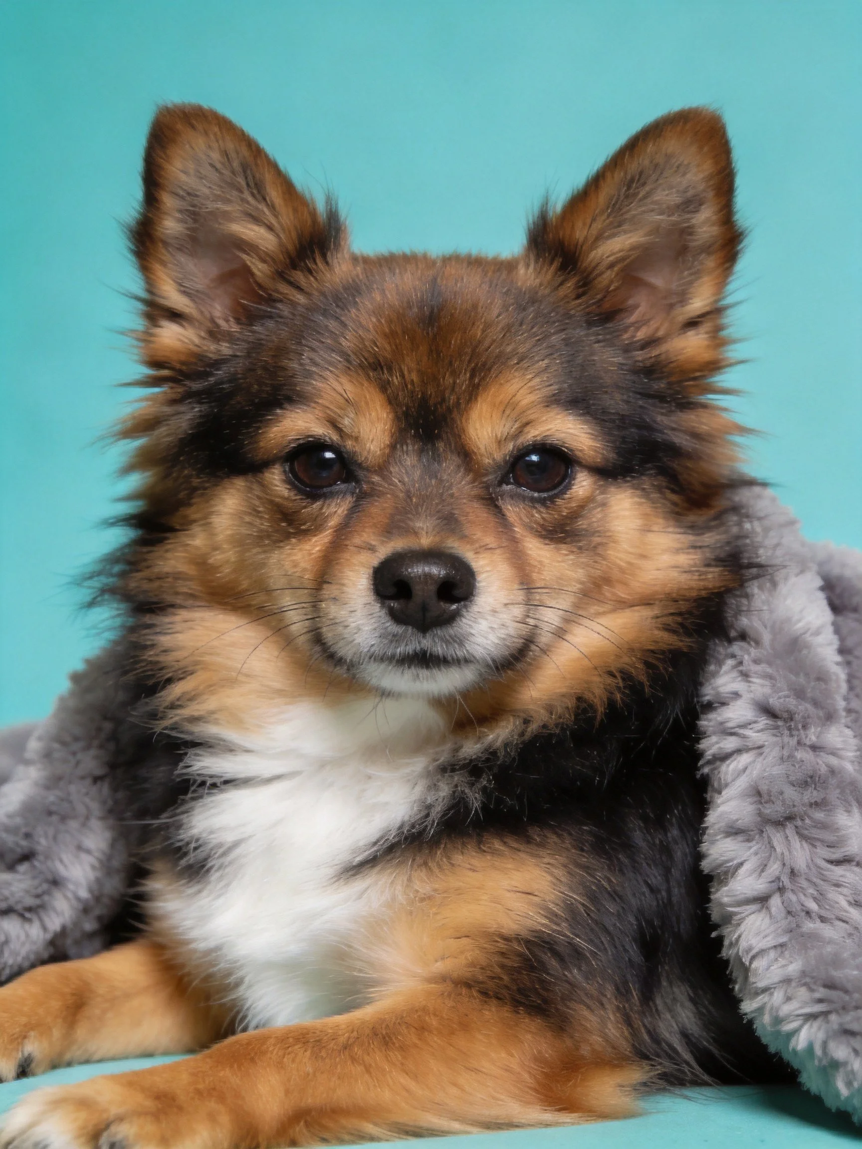 A tricolor dog rests calmly on a gray blanket with turquoise backdrop.