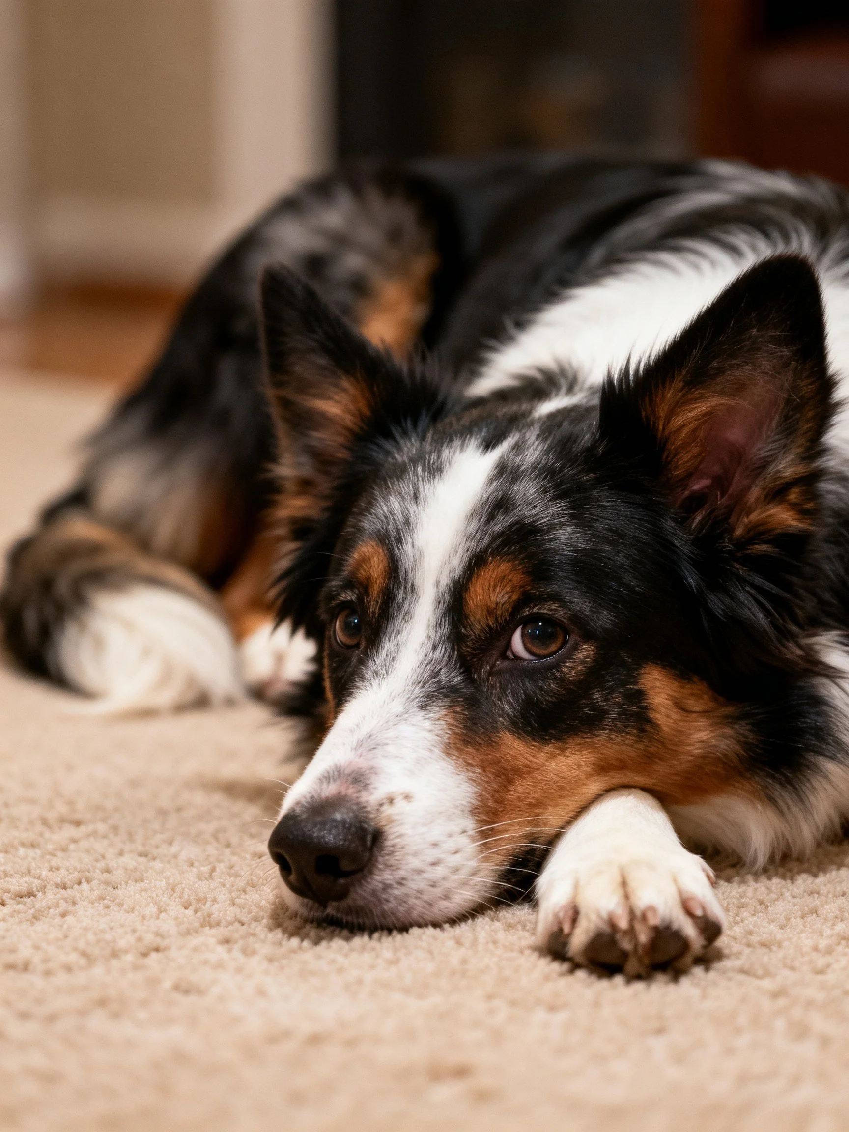 A tricolor dog rests on a soft beige carpet