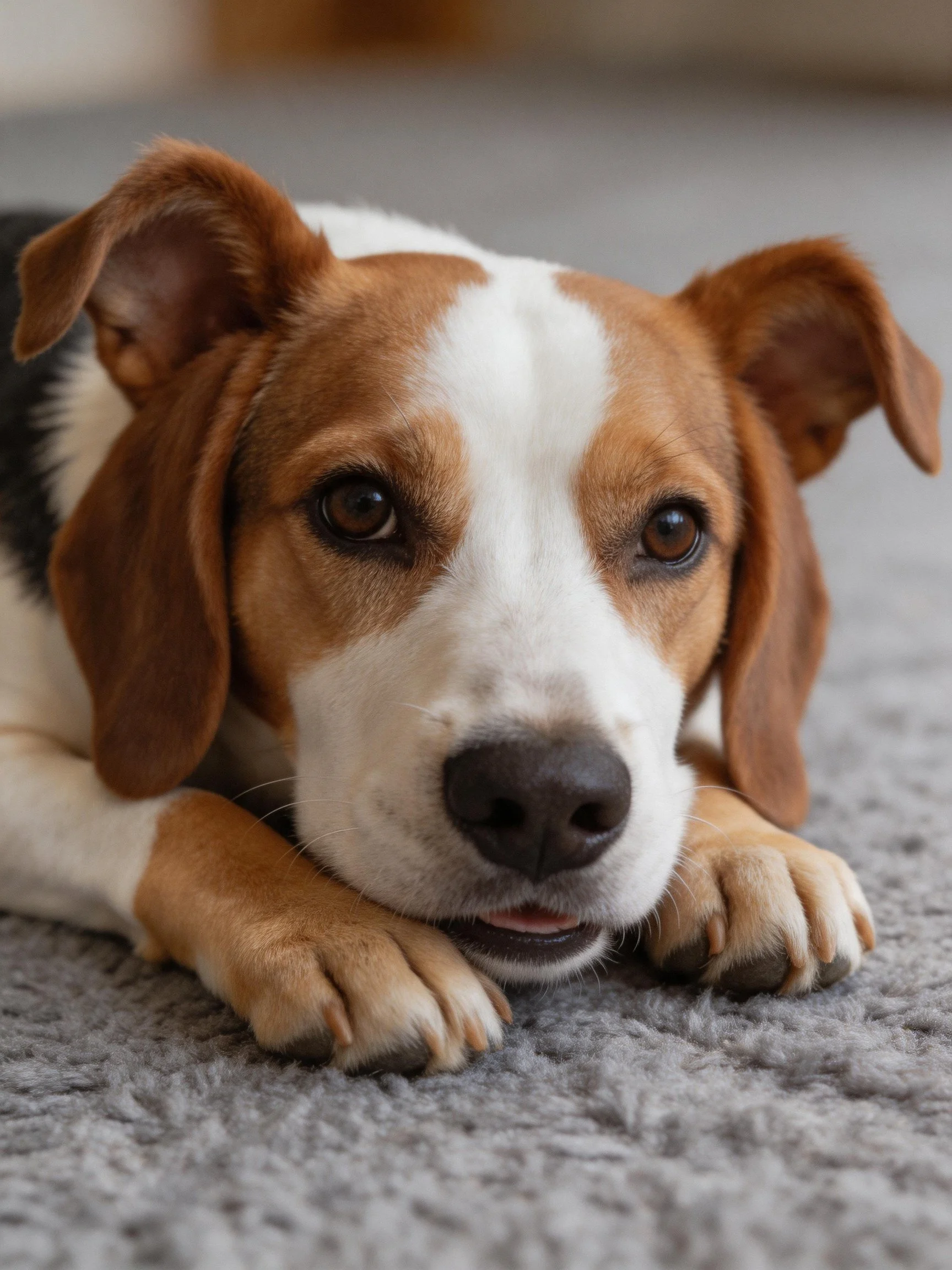 A tricolor dog relaxes on a gray carpet