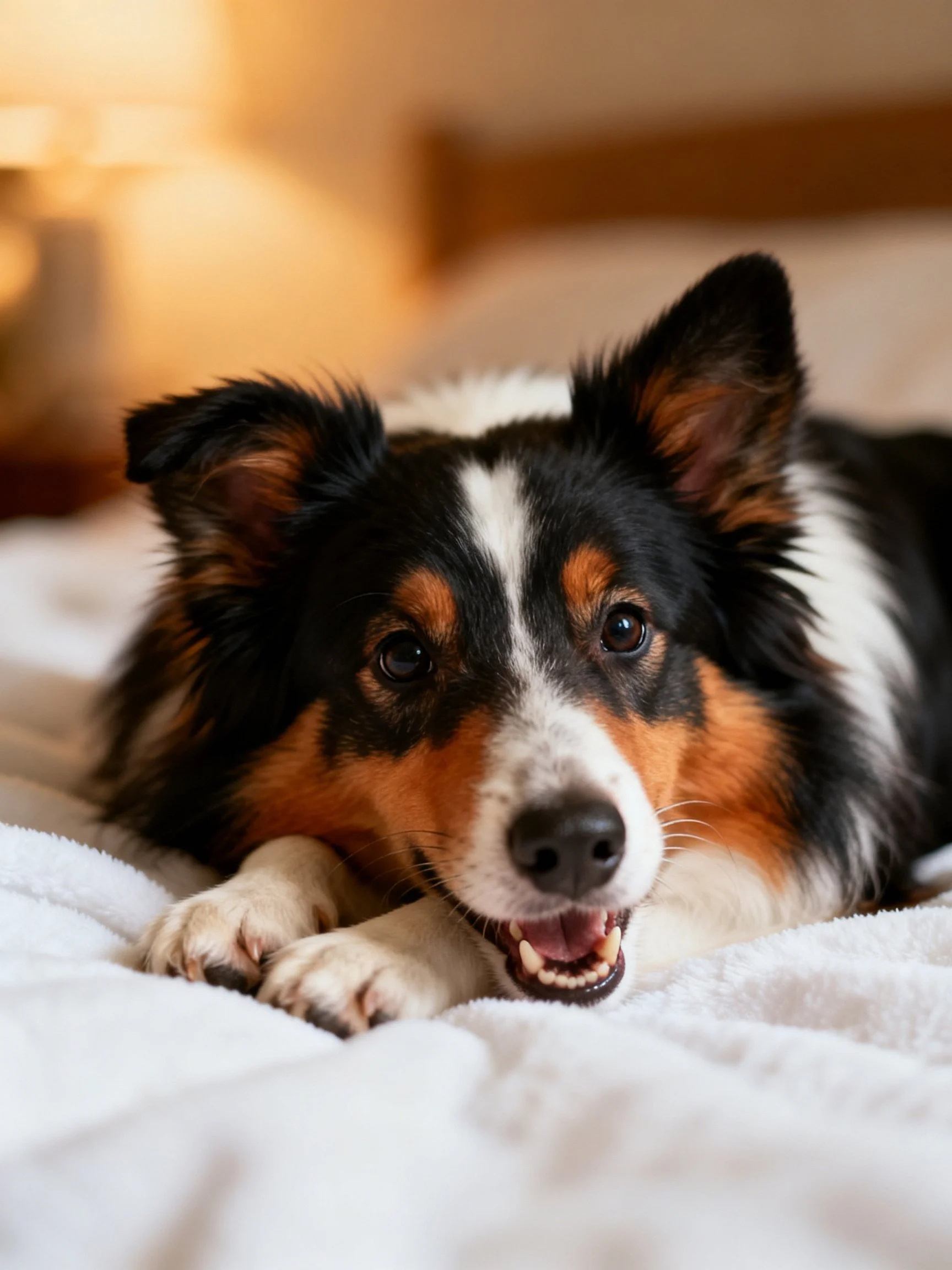 A tricolor dog relaxes on a soft white bed in a cozy room