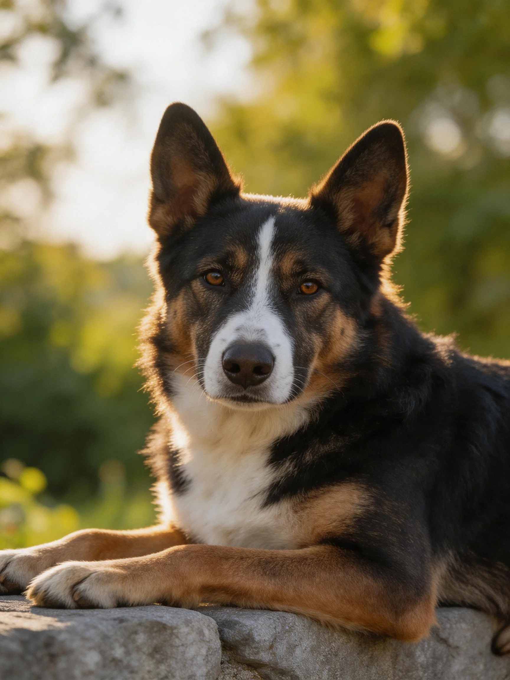A tricolor dog lies calmly on a stone surface amidst a sunlit, green outdoor space.