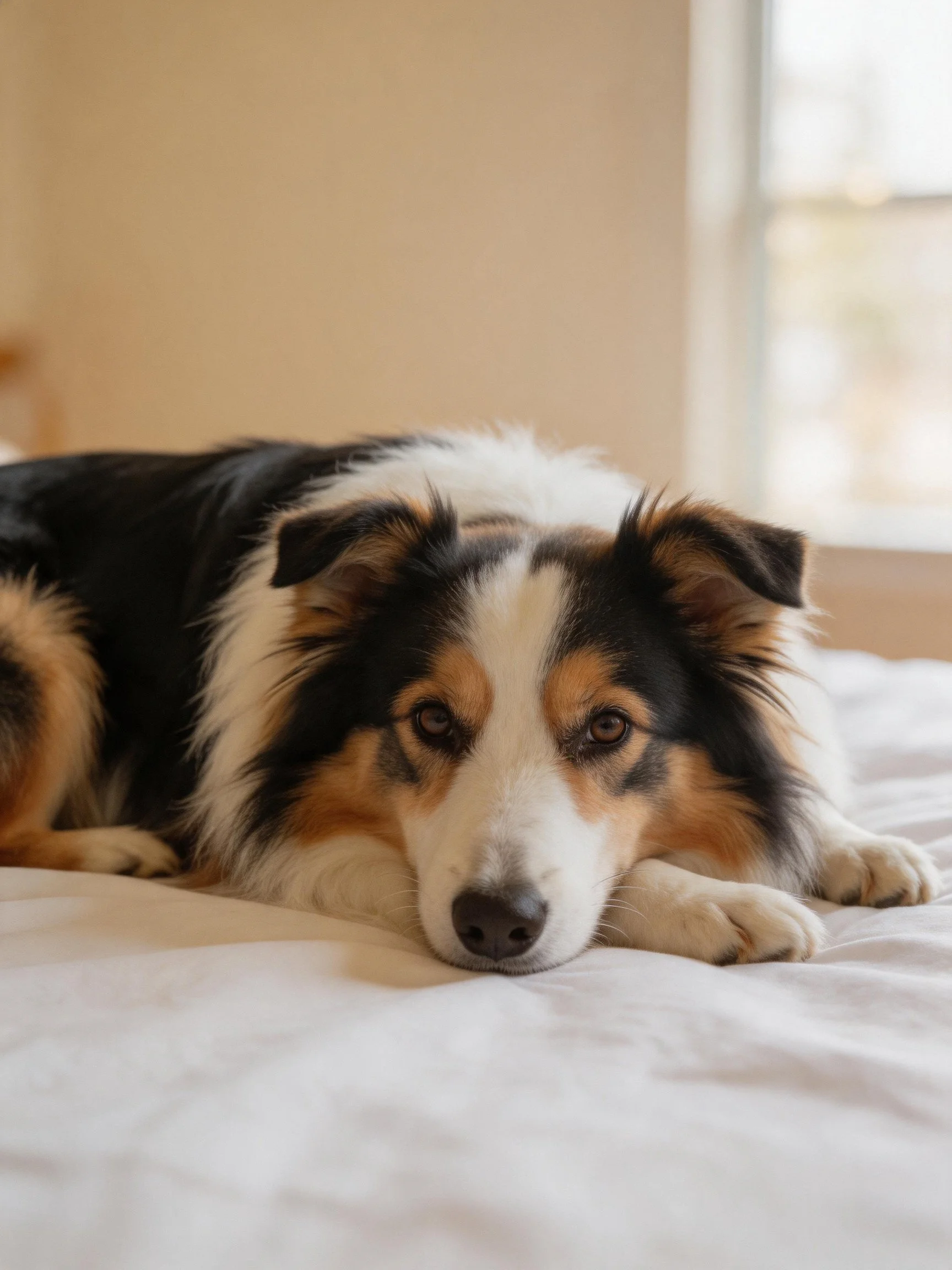 A tricolor dog rests on a white bed near a bright window
