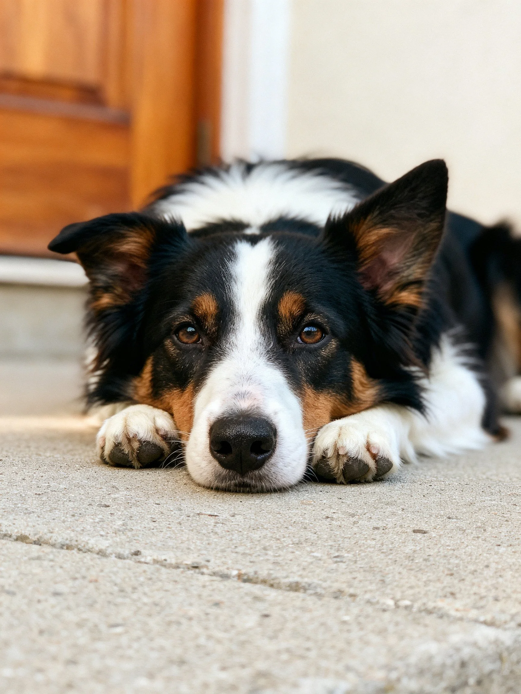 A tricolor dog rests on concrete near a wooden door