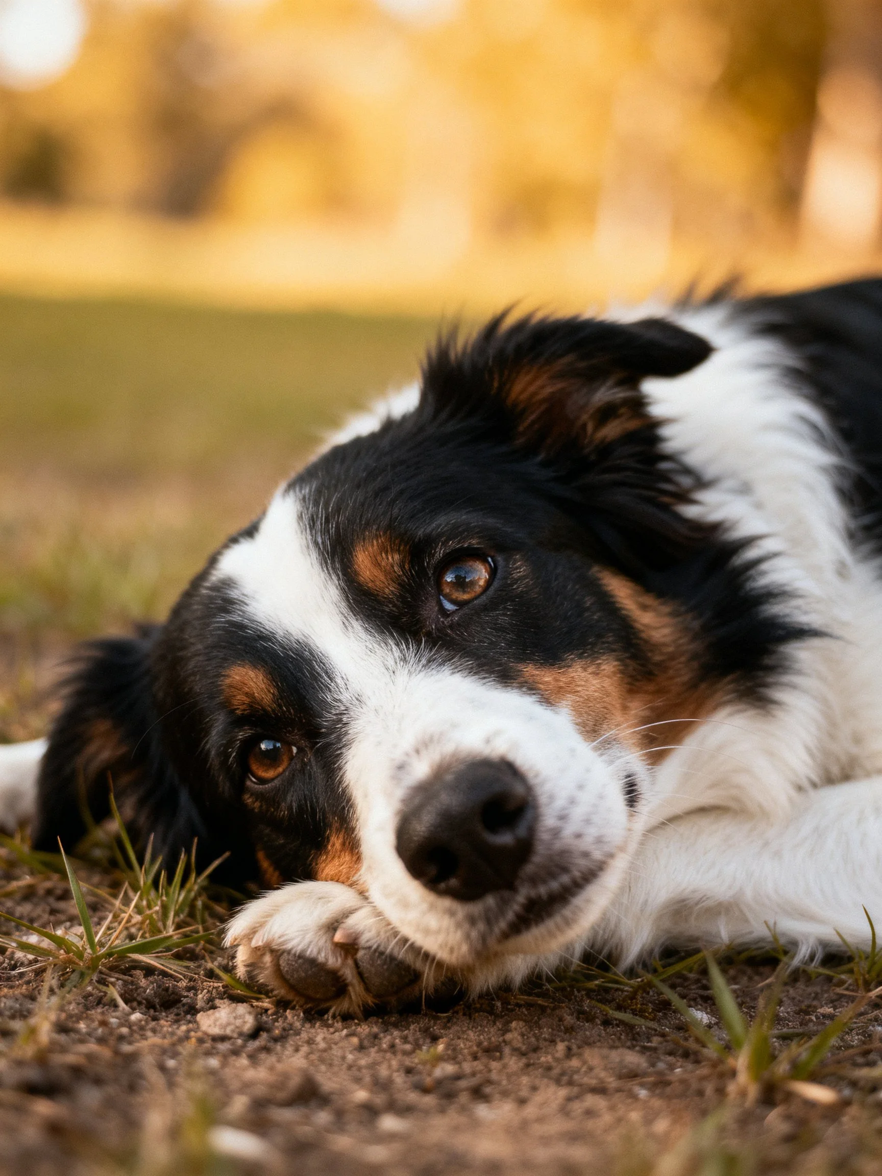 A tricolor dog lies on dirt near grass in an outdoor area.