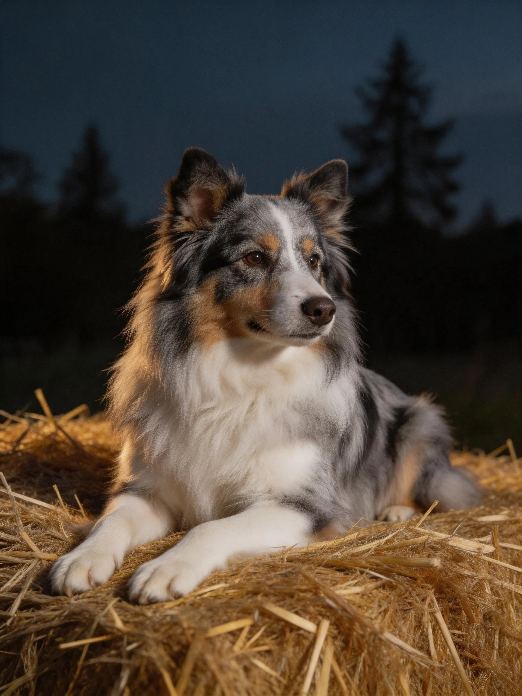 A tricolor dog rests on golden straw bales during twilight.
