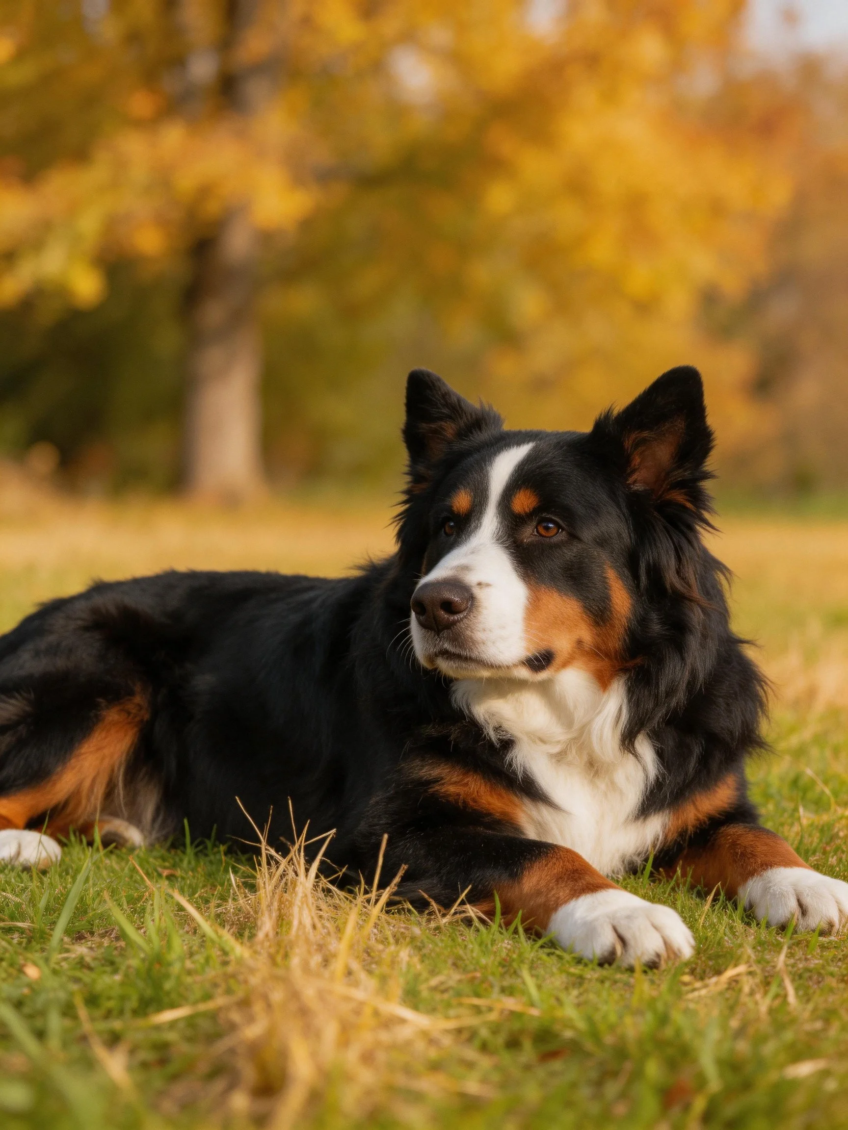 A tricolor dog relaxes on grass with golden autumn trees in the background