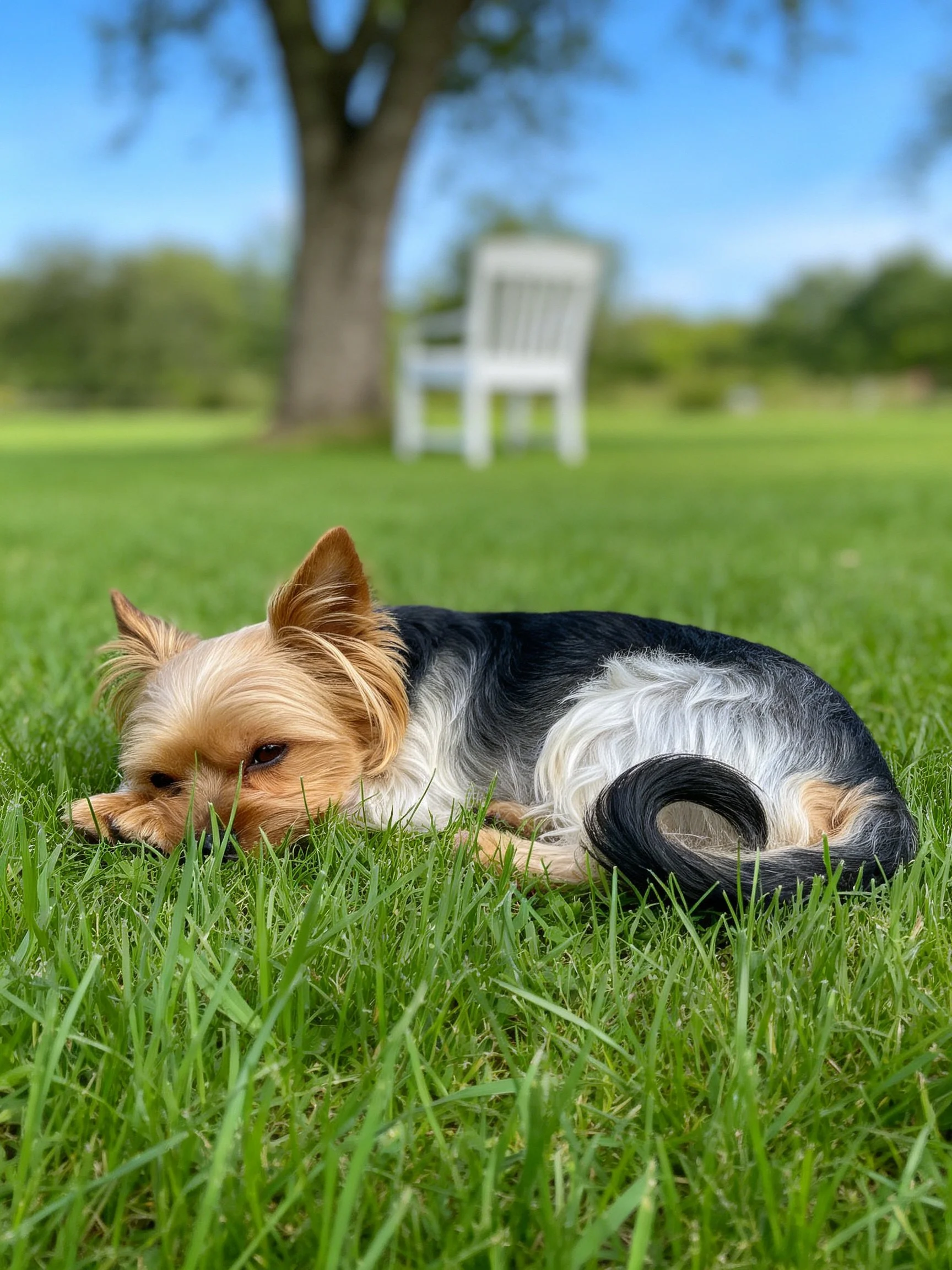 A tricolor dog relaxes on green grass in a sunny outdoor setting.