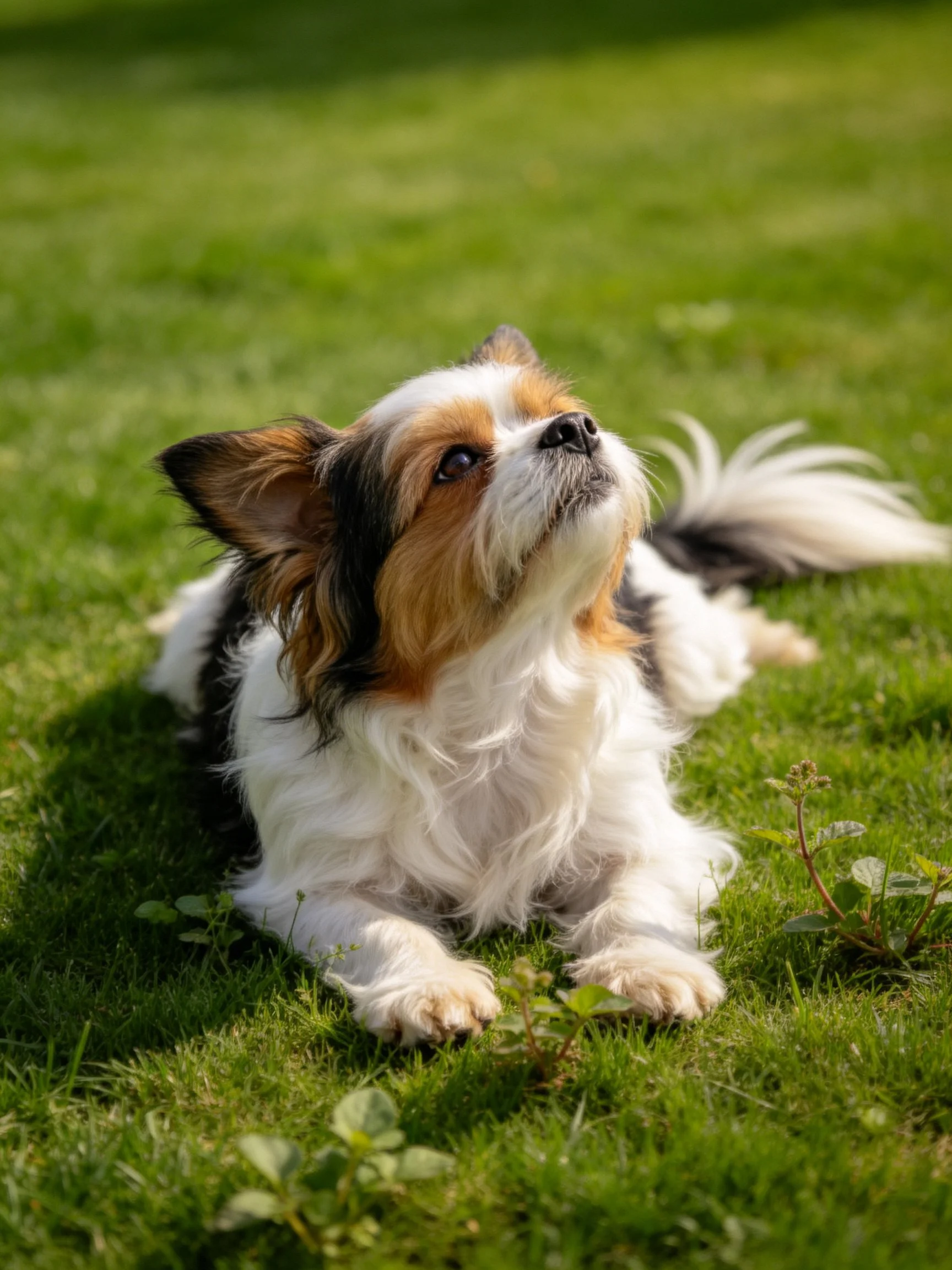 A tricolor dog lies peacefully on vibrant green grass.