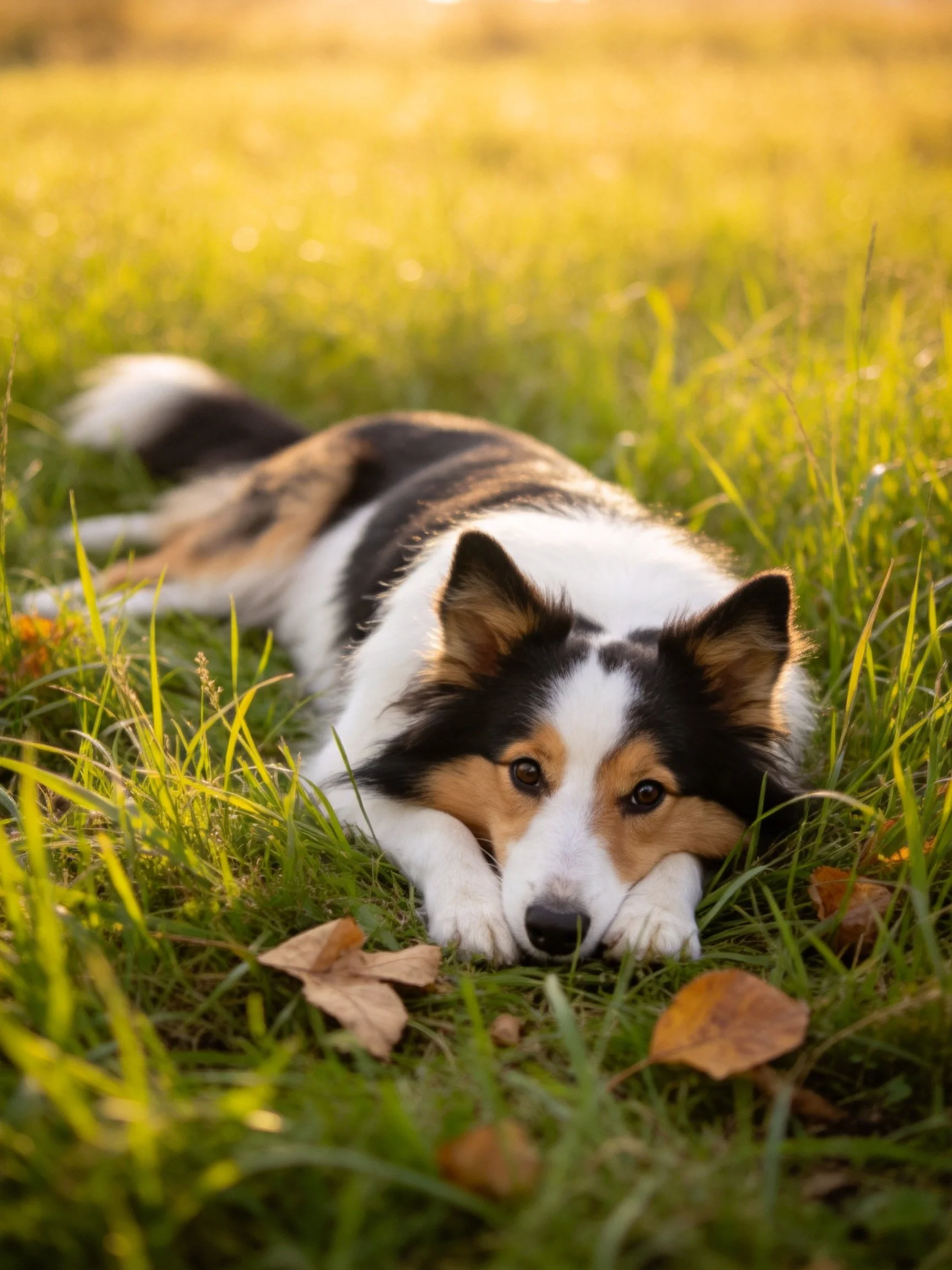 A tricolor dog relaxes among tall grass and autumn leaves in a sunlit field.