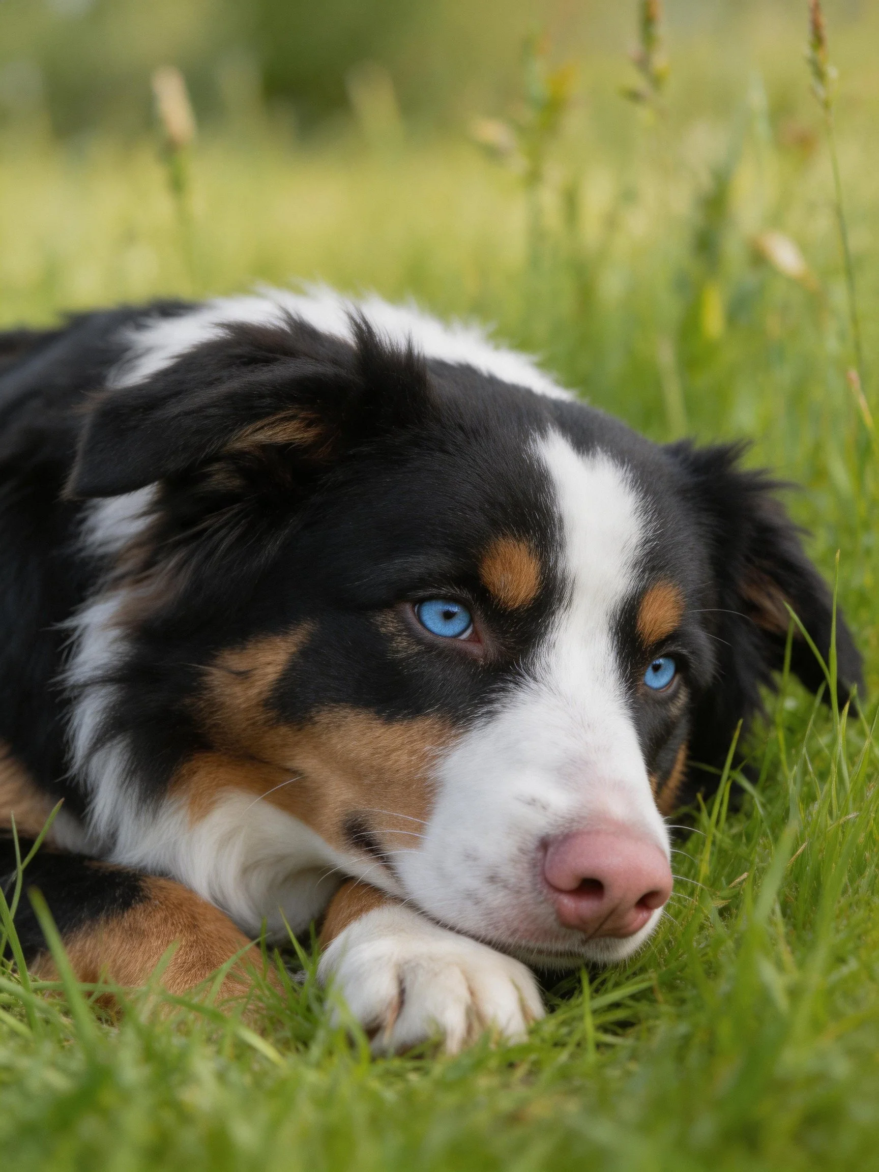 A tricolor dog rests peacefully in lush green grass
