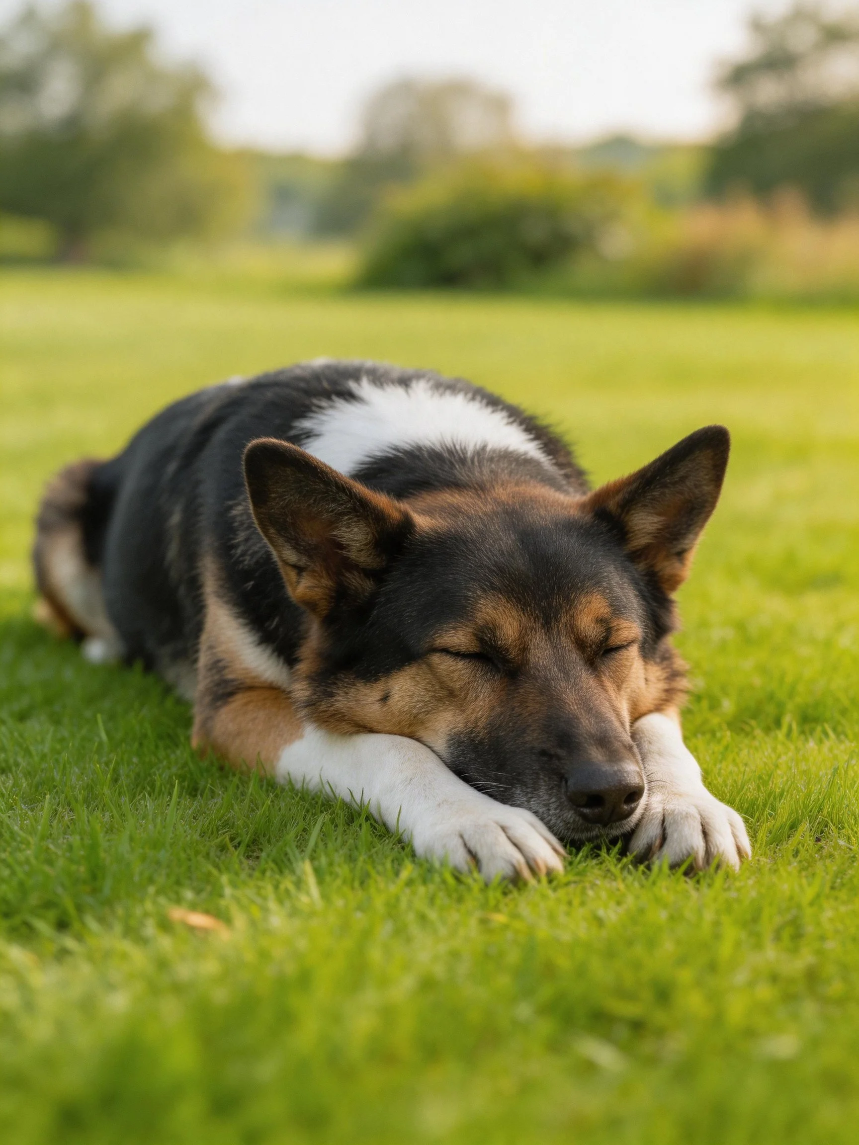 A tricolor dog sleeps contentedly on lush grass in a sunny outdoor area.