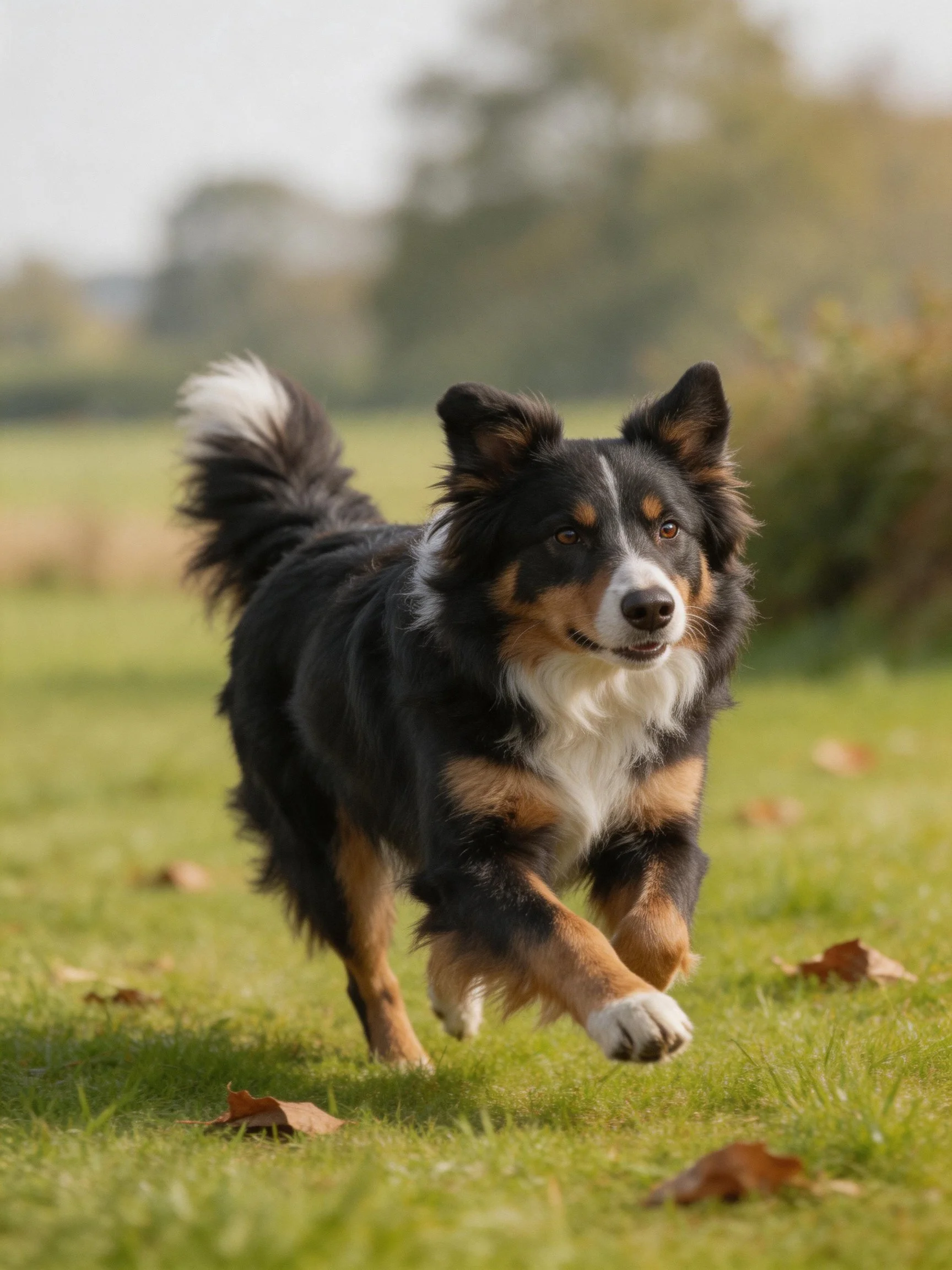 A tricolor dog runs energetically on a grassy field