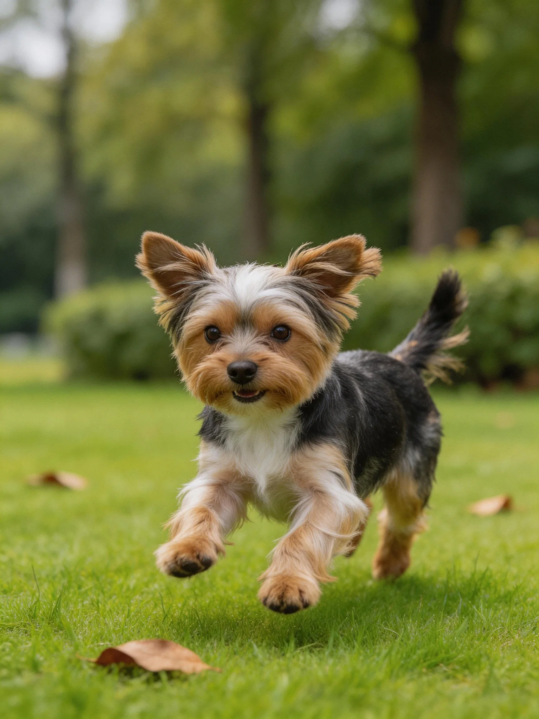 A tricolor dog runs happily on a grassy lawn.