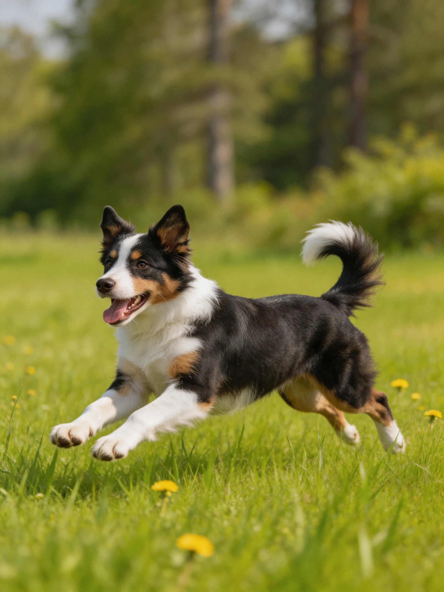 A tricolor dog joyfully runs through a grassy meadow with yellow flowers.