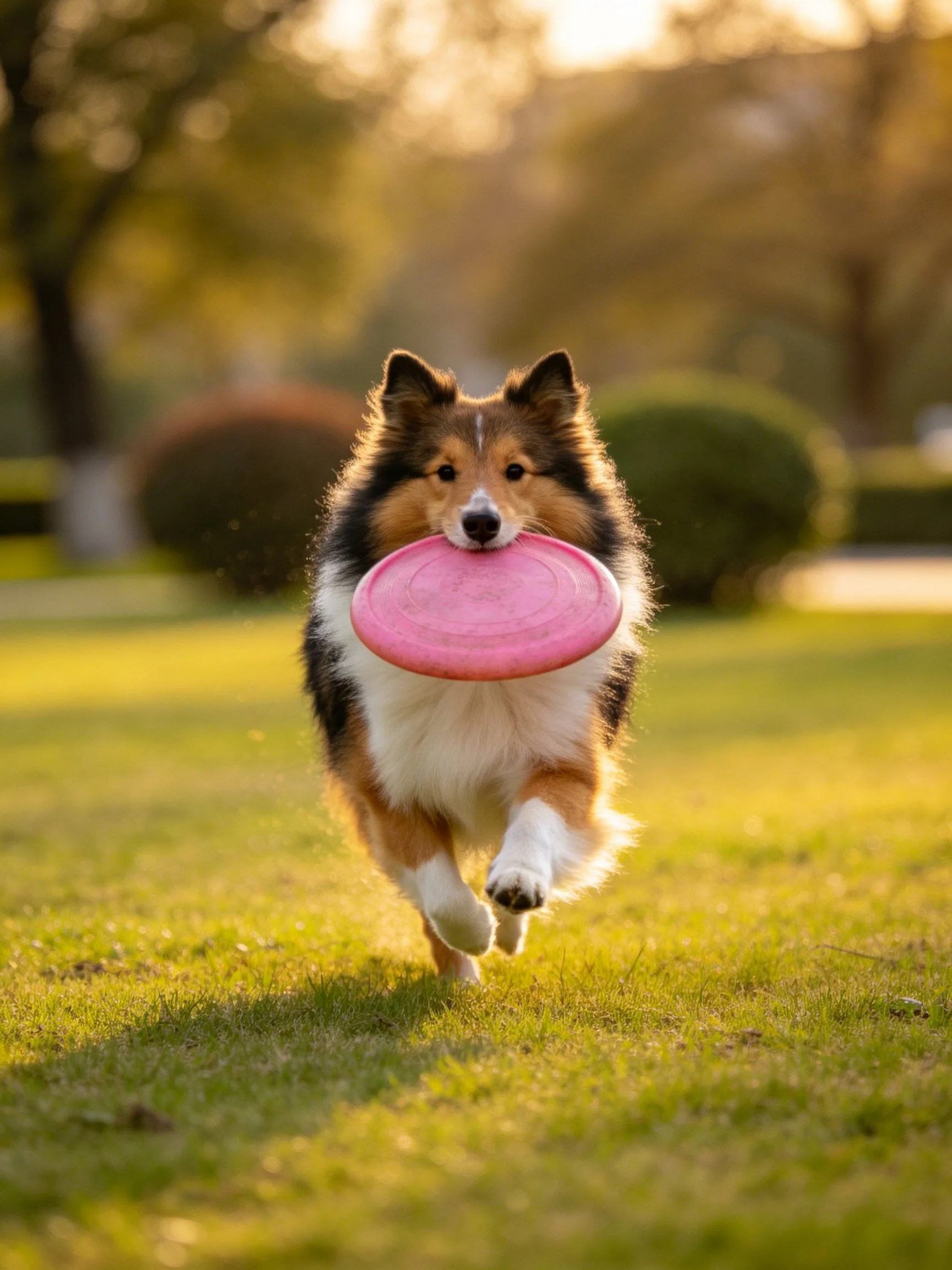 A tricolor dog carries a pink frisbee through a sunlit park landscape.